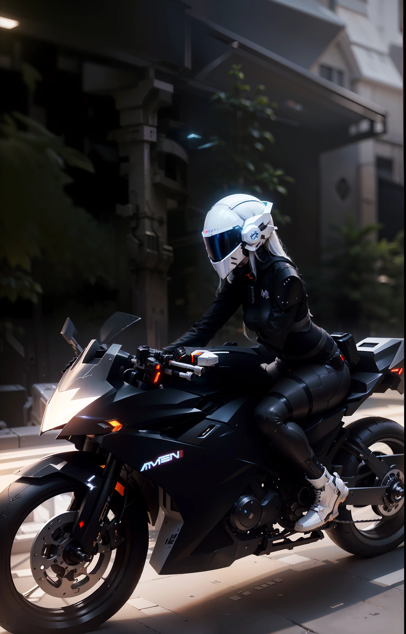Sexy cyberpunk female knight with long white hair，long  white hair，Black cyberpunk mech costume，High-tech white all-inclusive helmet，Biomechanicals， MSHN Robot Man，High-tech helmet，hyper realisitc， Steel， Complex design， insanely details， finely detailled， Extremely clear lines， cinmatic lighting， photograph realistic， A detailed masterpiece