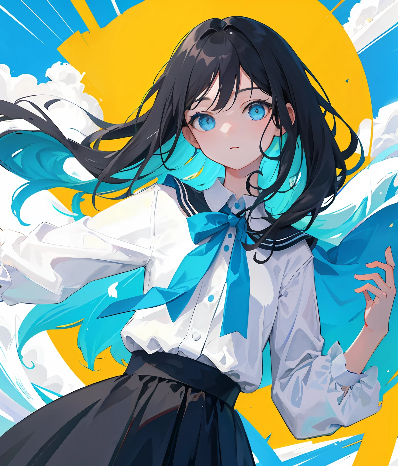 (Flat color:0.9),(Colorful:1.1),(Masterpiece:1,2), Best quality, Masterpiece, A high resolution, Original, extremelydetailedwallpaper, ,1girll,Solo,Blue glass,Portrait，Confectionery，Light wind，火焰，lightand shade contrast，Bow knot
