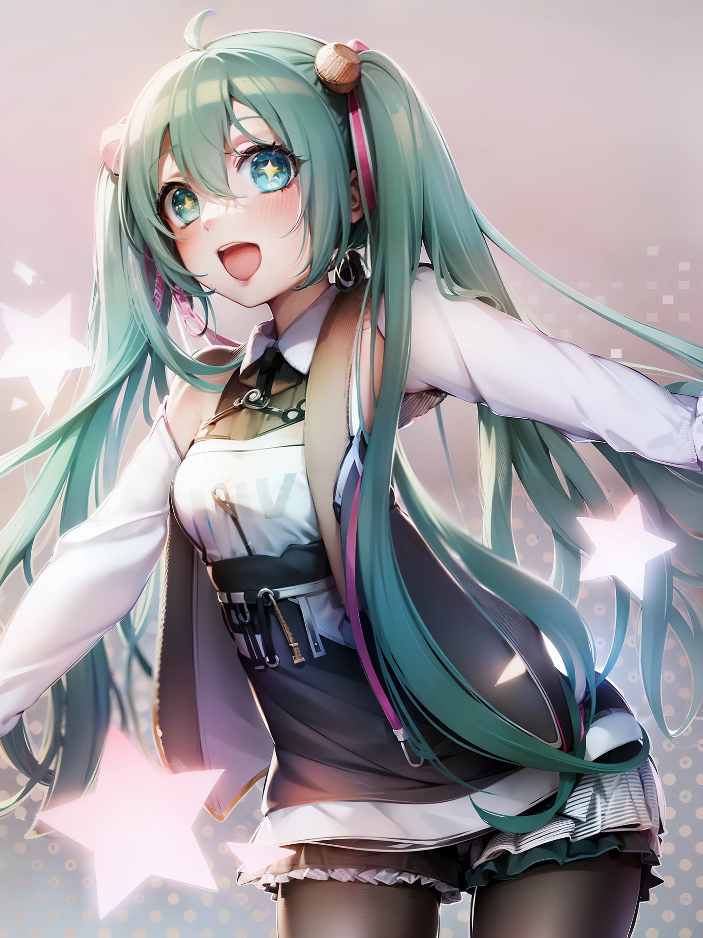 Make an artwork by ido hatsune miku, usando um short jeans, coxas sensuais, sorriso fofo, olhar fofo, fundo azul com estrelas brancas.