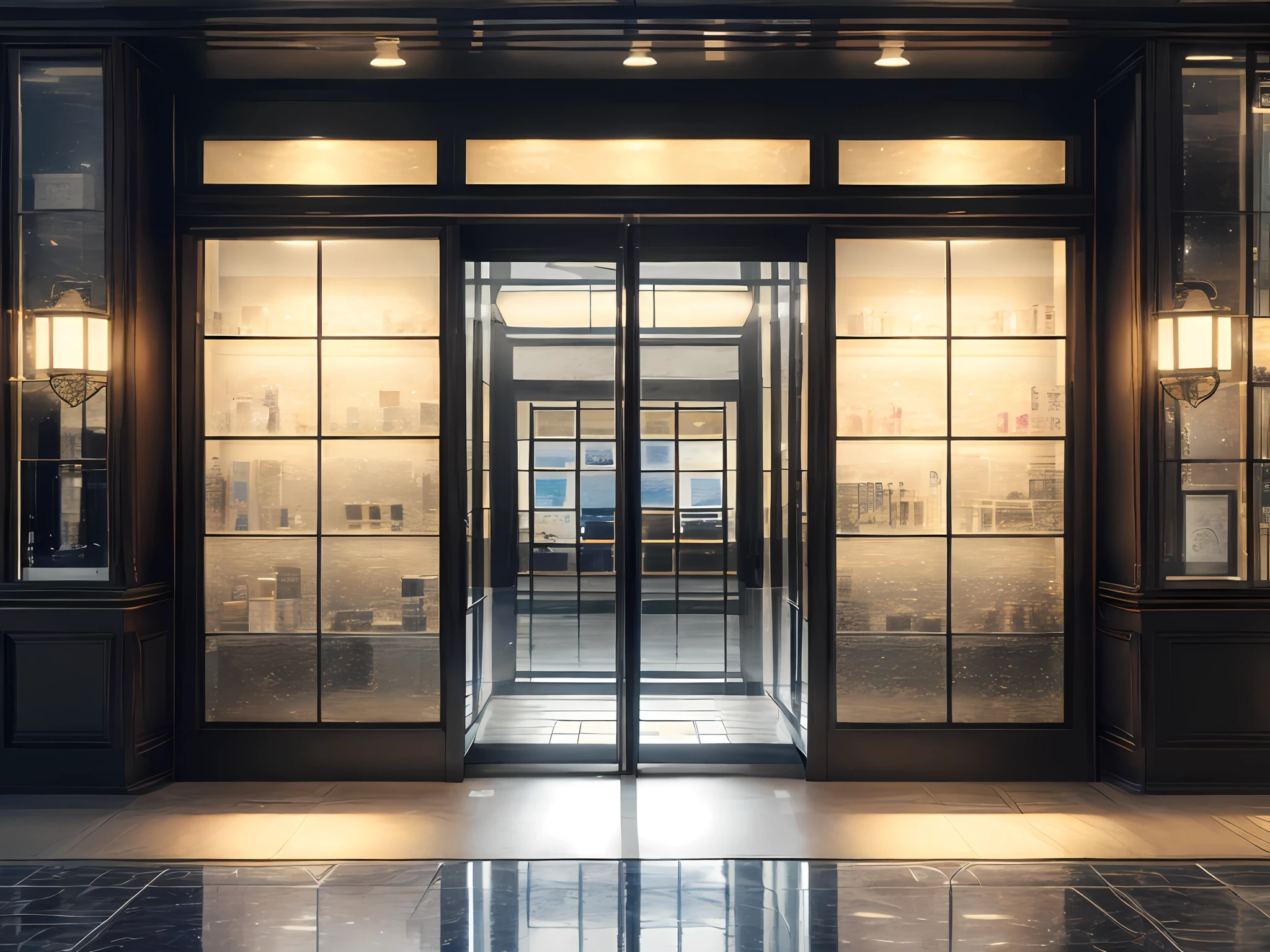 3d rendering vintage、cozy indoor lighting、art  stations、ultra - detailed、cinematic ligh、hyper realisitc、Realistic cosmetic storefront，There are glass doors，There are wide floor-to-ceiling transparent glass windows on both sides，Decorated with artwork，Cosmetics are placed in the window，3DMDT1