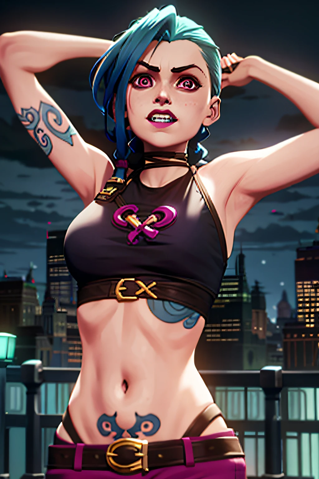 arcane style,

1girl, arm tattoo, asymmetrical bangs, bangs, blue hair, braid, brown shirt, cloud tattoo, looking at viewer, laughing, crazy, uncontrollable laugh, mad look, night, city, green hair, long hair, midriff, pink eyes, red lips, shirt, solo, standing, tattoo, twin braids, upper body, arcane jinx, jinx \(league of legends\)