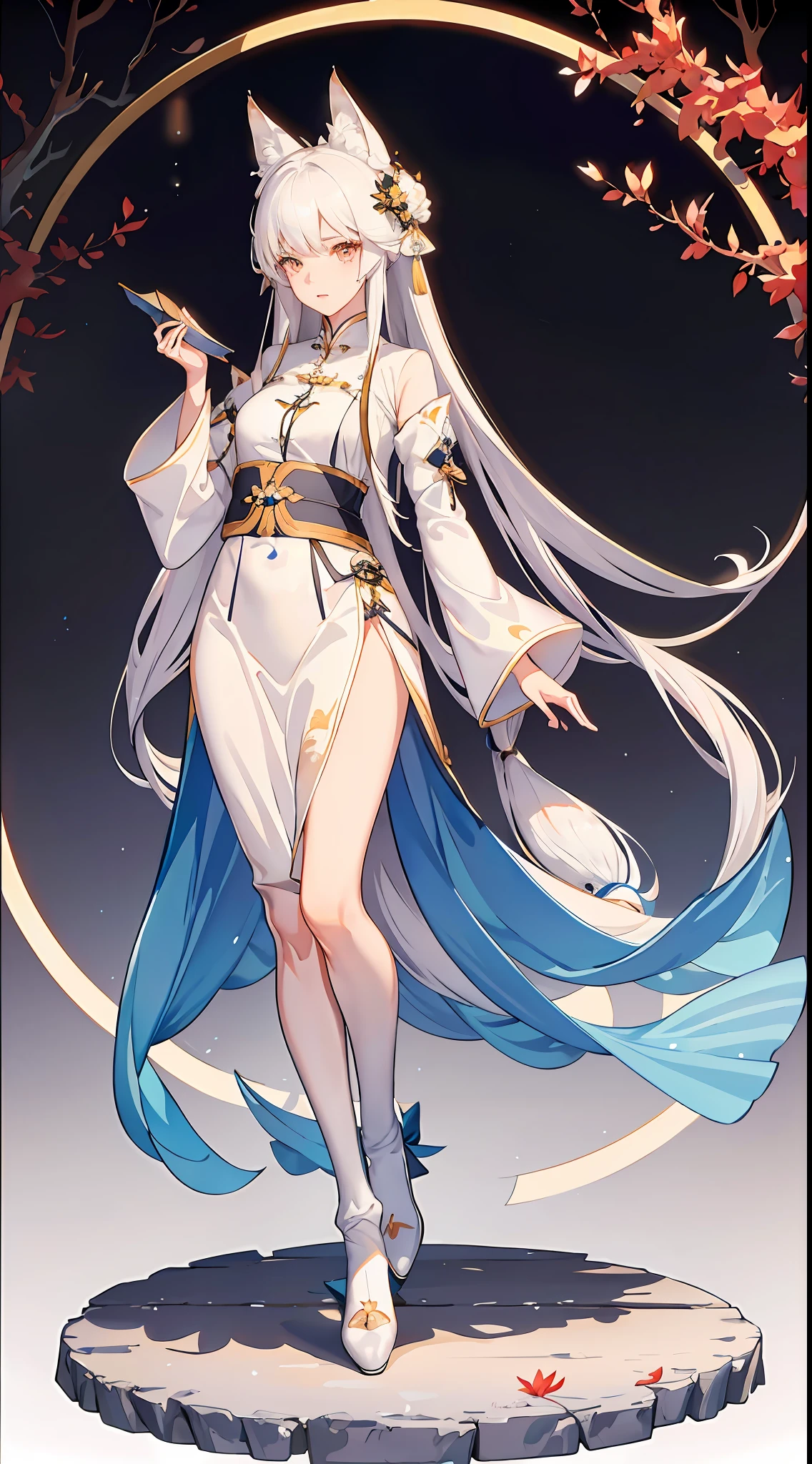 1girll, Full body like,White hair, long whitr hair,Messy hair,Translucent clothes,NSFW,White fox ears,White fox tail,比基尼,folds,folds,folds