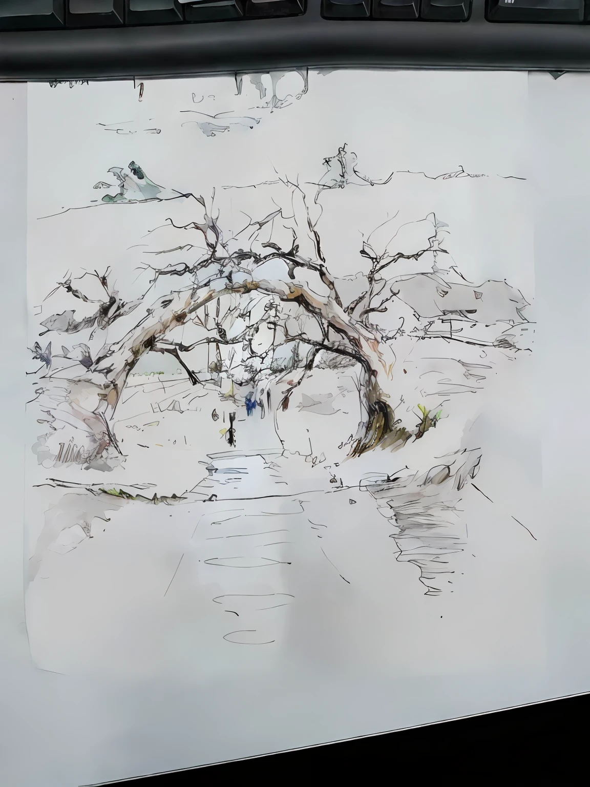 There is a picture of a large waterfall,There are two trees in front of the waterfall,ink and watercolor painting