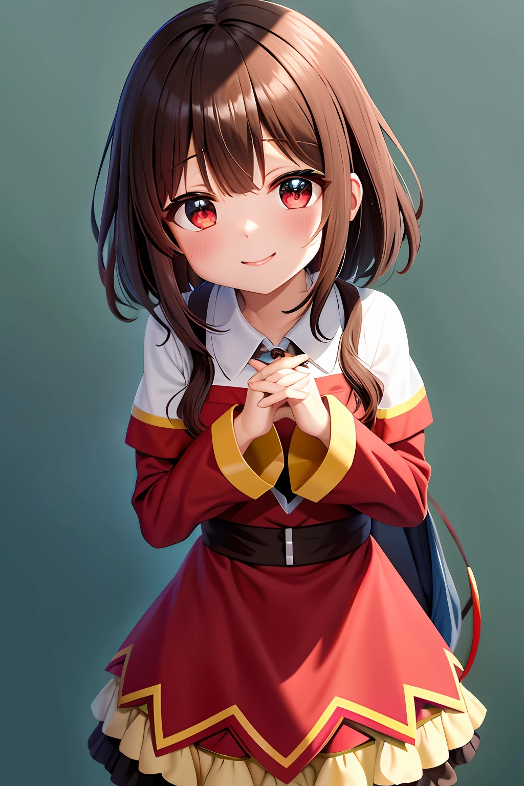 ultra-detalhado, obra-prima, alta qualidade, carta de amor, ponto de vista, sorriso, blush, megumin, konosuba, olhos vermelhos, cabelos curtos castanhos, mulher jovem, hands crossed