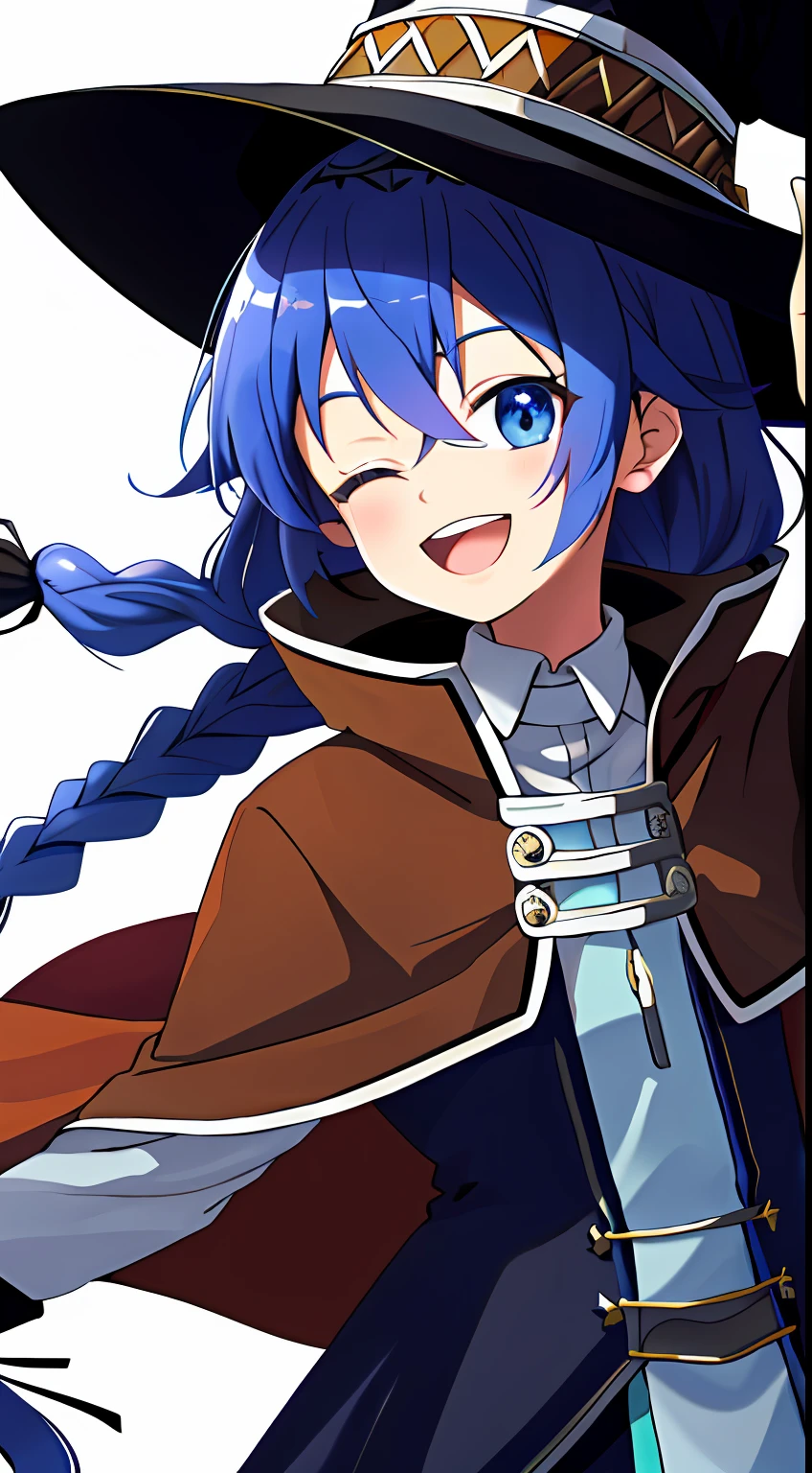 roxy migurdia, Masterpiece, Best quality, Very detailed background, hand on own cheek, Open mouth, Eyes closed, clench one's teeth, Smile, arms back behind, bangs, Black tiara, Blue eyes, Blue hair, Braid, Brown cape, Cape, Floating hair, hair between eye, Hat, Long hair, Witch hat