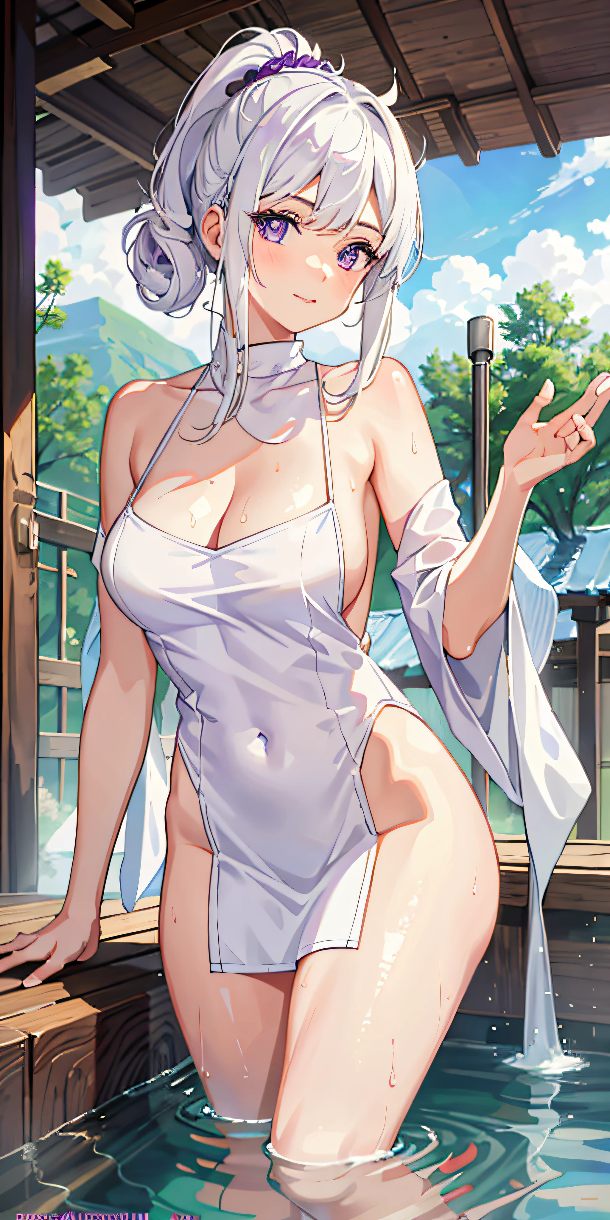 1girl, white hair, purple eyes, portrait, realistic, towel, (onsen), sidelighting, wallpaper, nsfw,