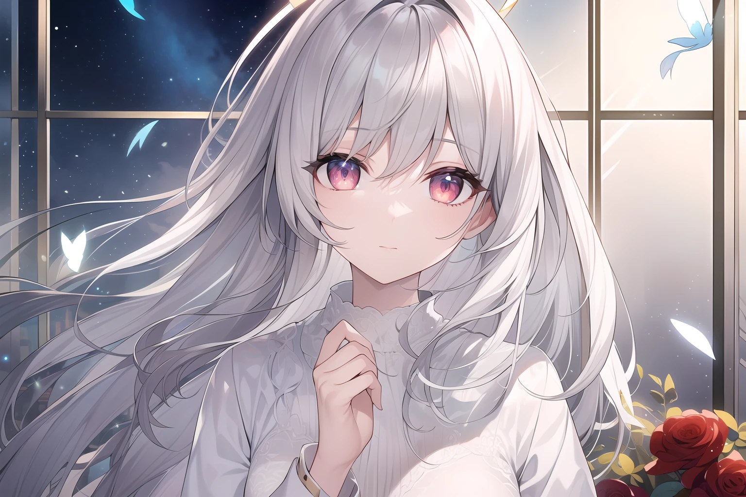 ((Masterpiece, Best quality))++, Detailed light+, Detail hair+, detail hand+ ,1girll, woman, Long hair, dark red eye, Beautiful eyes, Young gray hair,,(Beautiful white hair:1.5),(Beautiful detailed eyes), high resolution+, The shirt , White skirt, Glass tones, Reflective eyes, ((Halo)), {{Angle}} , extremelydetailedwallpaper, Original, butterflys