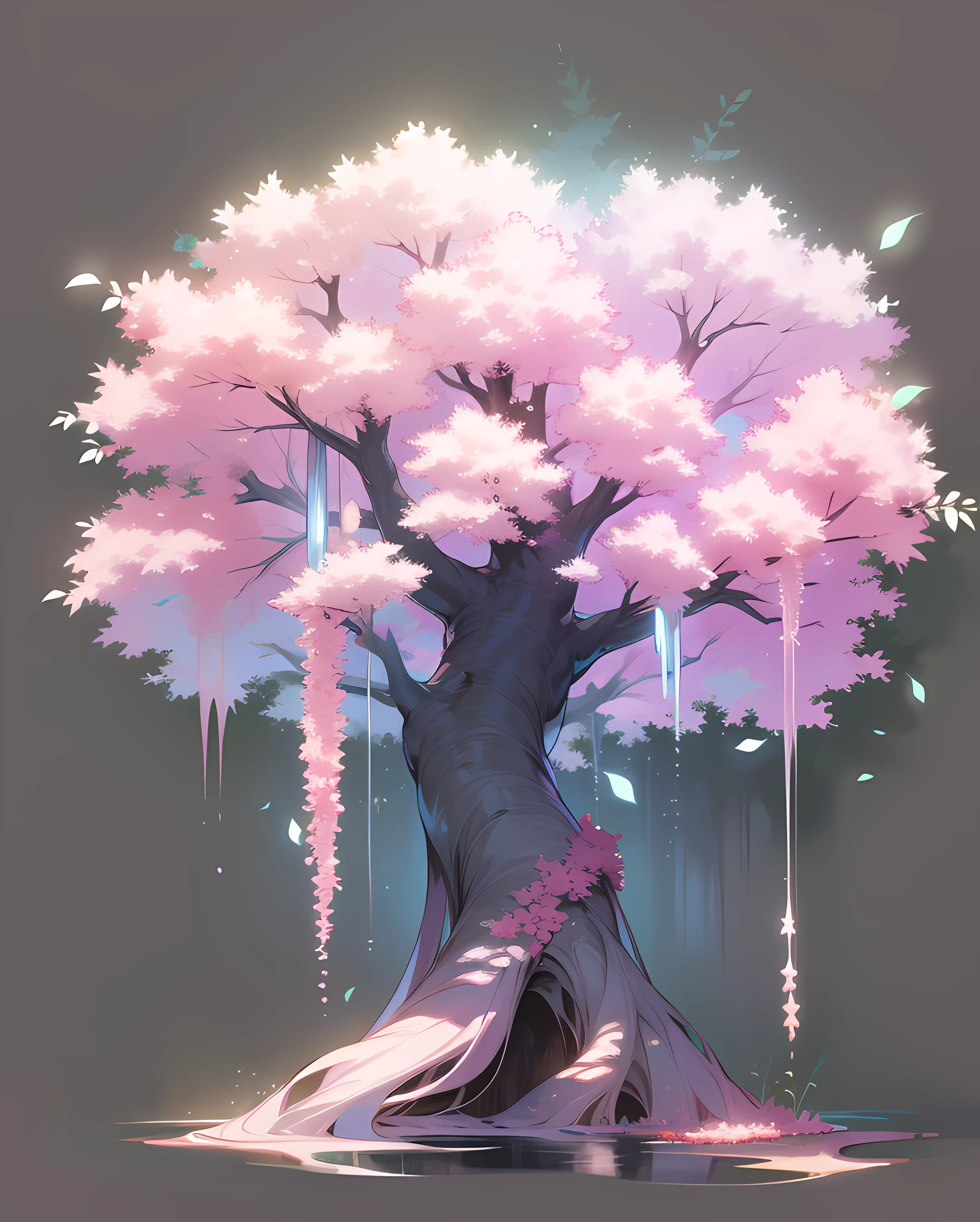 tmasterpiece，8K，Lots of detail，Pink-white tree，goodlooking，Flowing，dream magical，Beautiful，The leaves are clearly visible