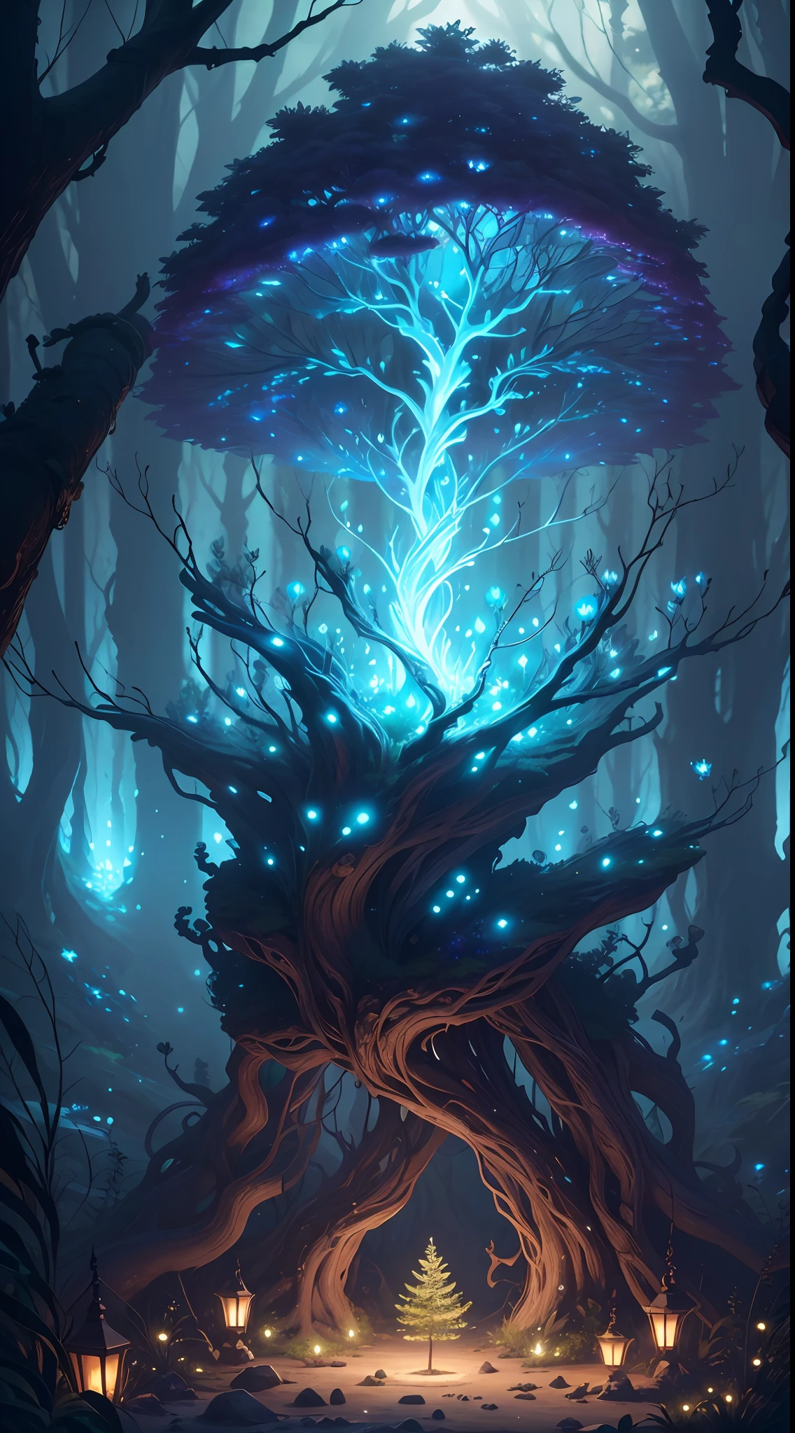 (Ultra resolution 8K), (Super detailed masterpiece), Fantasy art,a fantasy world and create a magical representation of nature, bosque encantado con criaturas luminosas, plantas bio luminiscentes y detalles misteriosos