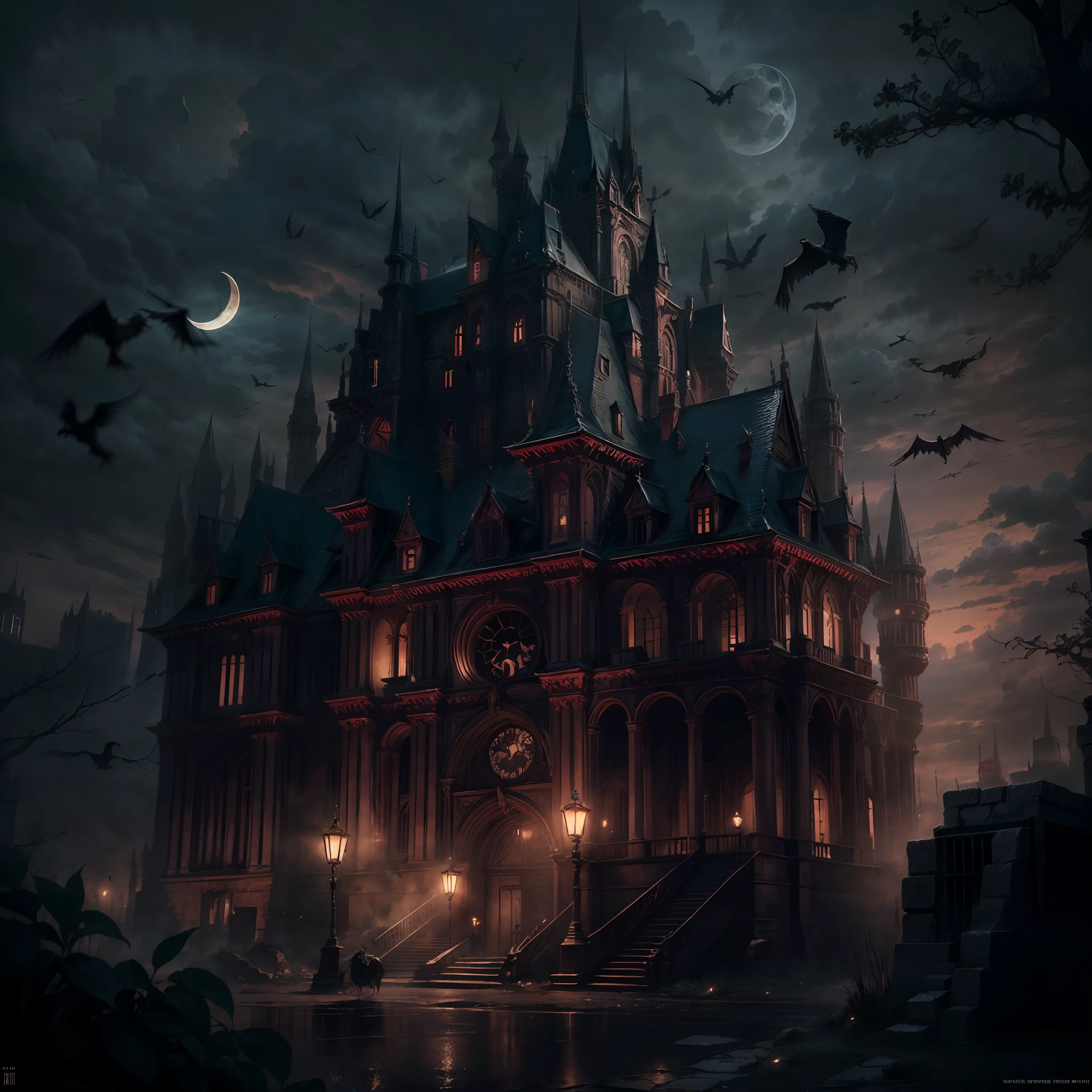 Big Dark age castle, gothic style, dark night, crescent moon, dark theme, ravens, Gotham city castle,BREAK,Detailed,Realistic,4k highly detailed digital art,octane render, bioluminescent, BREAK 8K resolution concept art, realism,by Mappa studios,masterpiece,best quality,official art,illustration,ligne claire,(dark_color),perfect composition,absurdres, fantasy,focused,rule of third