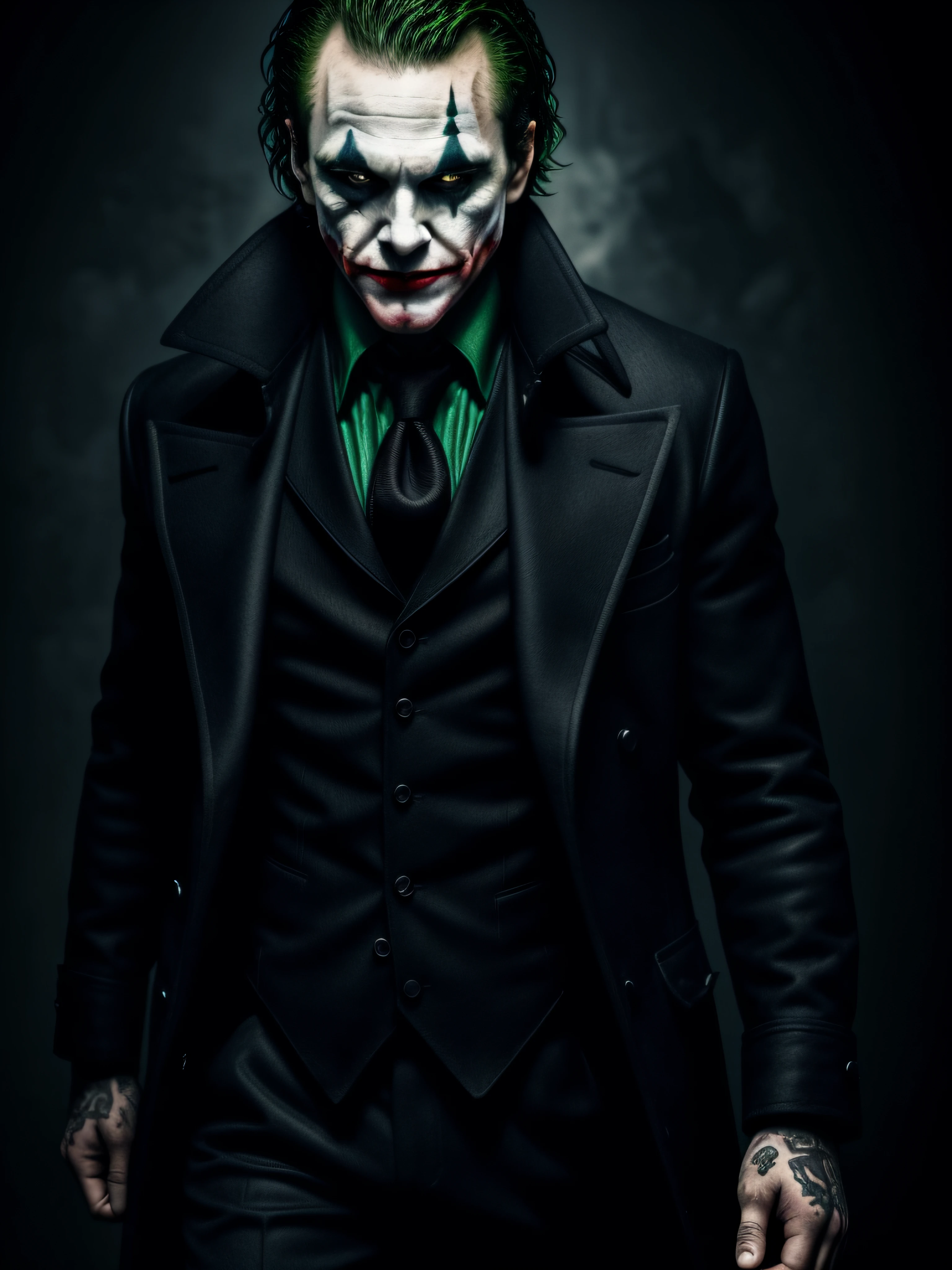 Joker image, dark style clothes, male character, strong physique, , blood circus background, wallpaper style, tabby, detailed image, realistic, faithful to series, cinematic setting, style in dark shadows, realistic, detailed, high quality resolution, dark style