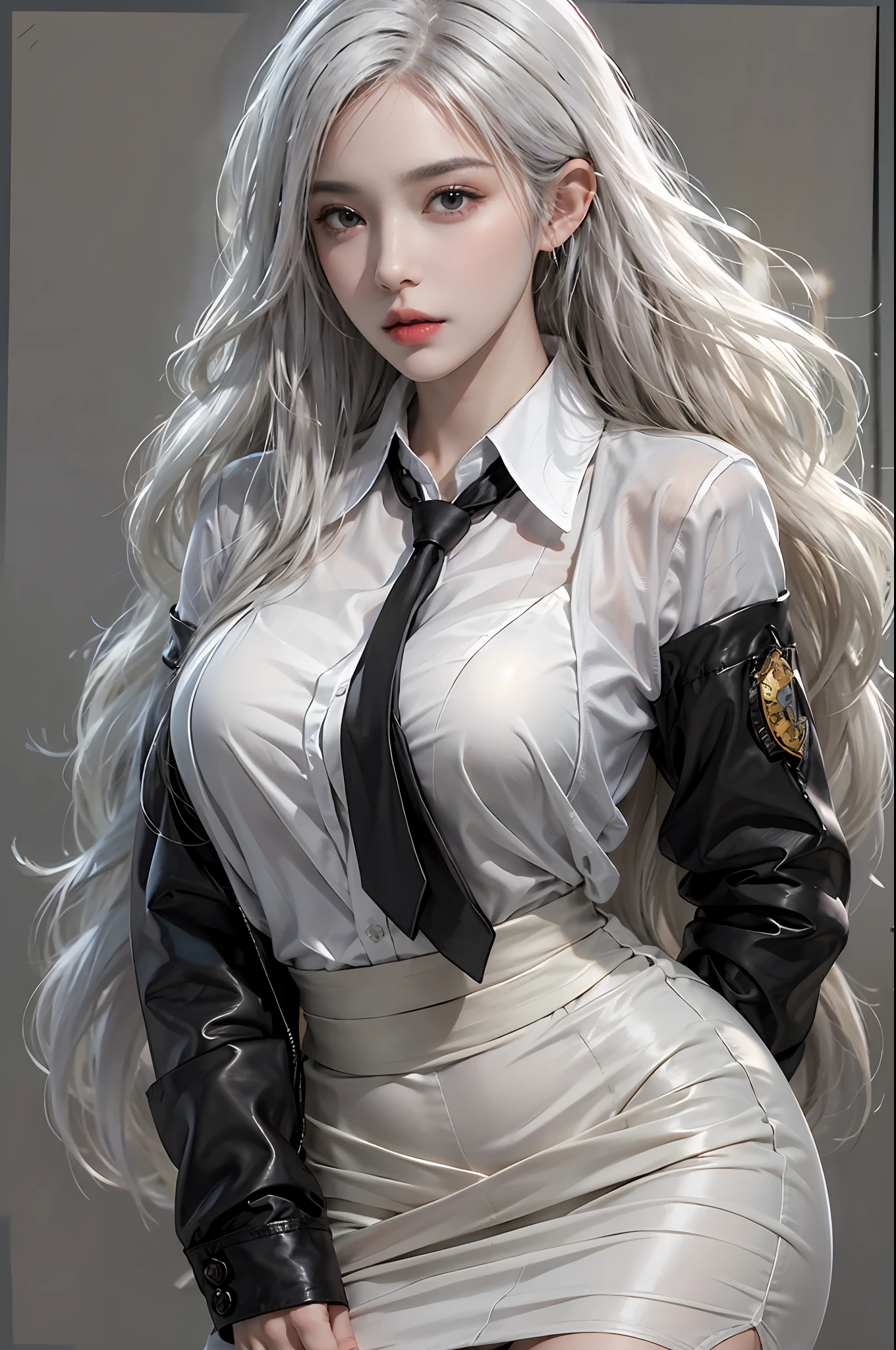 photorealistic, high resolution, 1 women, solo, hips up, beautiful eyes, close lips, detailed face, white hair, long hair, collared shirt, black necktie,black skirt, pencil skirt, fur coat, stockings