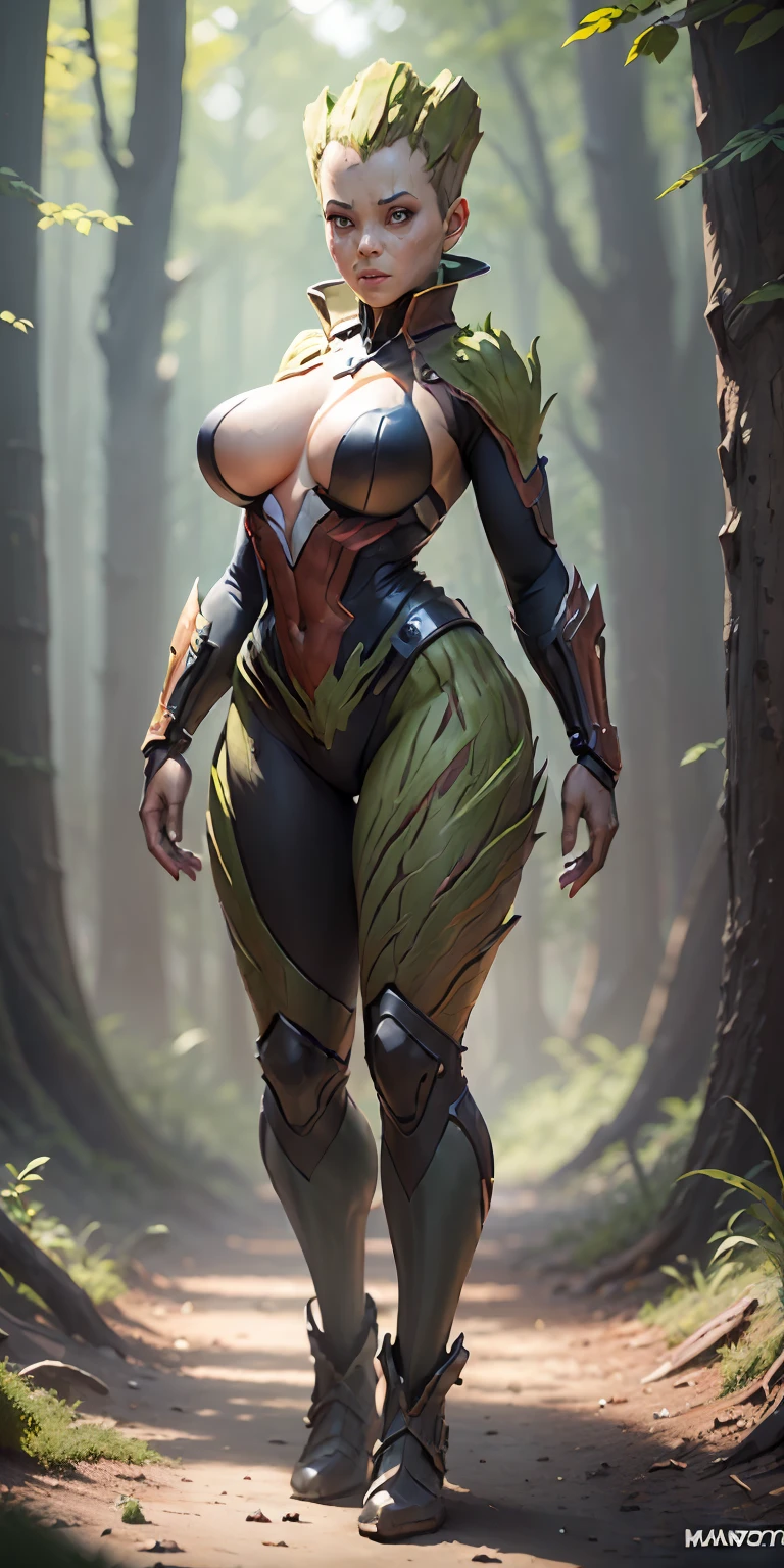 female Groot from Marvel, big breasts, frontal, full-length, looking at the camera, facing the audience, standing pose, forest background, three-dimensional light, detailed full-body concept, sleek digital concept art, beautiful full-body concept art, art trend, CGsociety full-length,