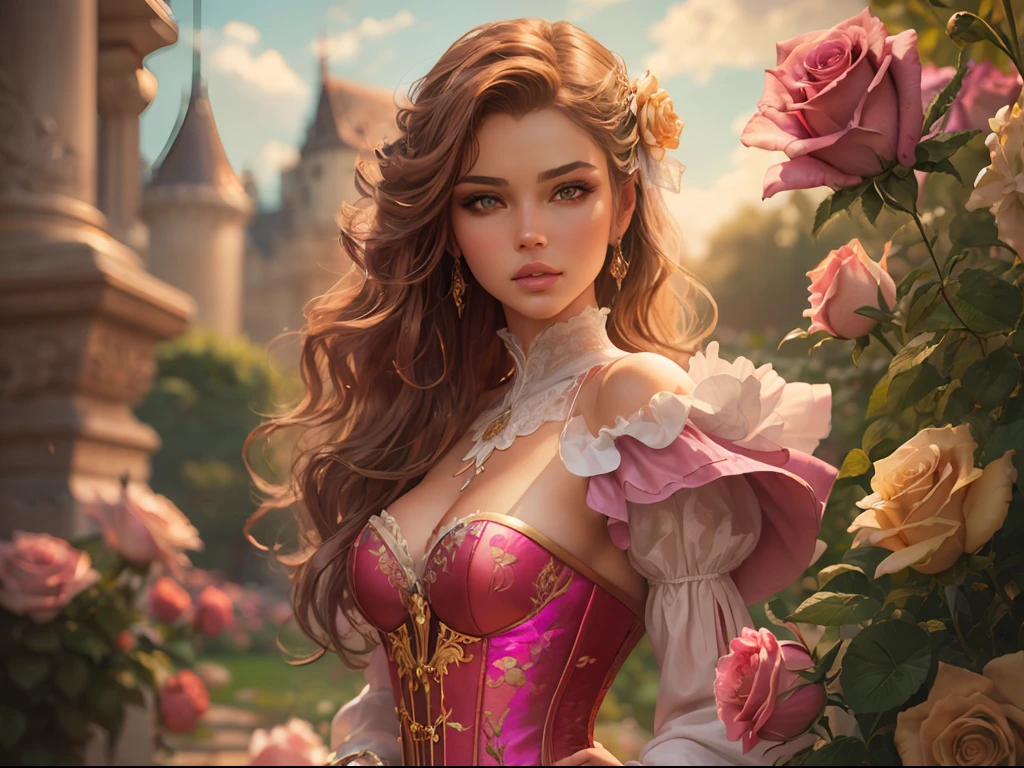 This is realistic fantasy artwork set in the castle's enchanted rose garden. Generate a proud woman with a highly detailed face dressed in the billowing folds of a stunning French silk ballgown. The woman's sweet face is ((((highly detailed, with realistic features and soft, puffy lips.))))  The ballgown is embellished with ruffles, sashes, and bows and a delicately, but intricately, hand-embroidered bodice. The corset features silk ribbon. The woman's stunning eyes are beautifully detailed, featuring realistic shading and multiple colors and high resolution. The woman is in a garden of eternal roses, each one beautifully formed and highly detailed. These realistic roses feature shimmering shades of pink, yellow, orange, and glimmering red. The eternal rose is a deep shade of red with shimmering pink overtones and undertones. Ensure that the woman's face, hair, and eyes are perfect. realism, high fantasy, whimsical fantasy, storybook fantasy, fairytale fantasy, fantasy details, enchanting, bewitching, 8k, hires, cgi, digital painting, unity, unreal engine, (((masterpiece))), intricate, elegant, highly detailed, majestic, digital photography, art by artgerm and ruan jia and greg rutkowski, (masterpiece, finely detailed beautiful eyes: 1.2), hdr, realistic skin texture, (((1woman))), (((solo))), Include a highly detailed face, extremely detailed face, and interesting background.