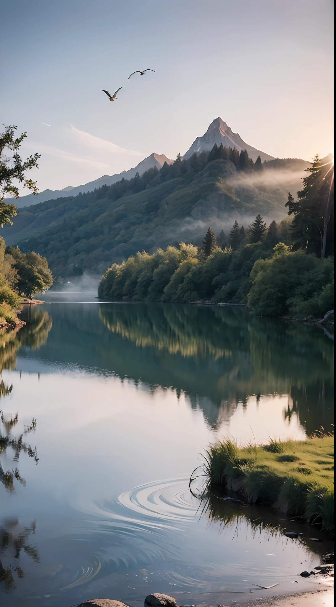 Create a beautiful landscape scene during the morning, The sky should have a bright and fresh color palette, with a blend of pink, orange, and sky-blue hues. The rising sun should be visible on the horizon, casting gentle light across the landscape. Surrounding the scene, there are towering mountains with lush green foliage. If there's a lake or river, depict calm water reflecting the morning sky and the surrounding mountains. Adding a few thin clouds in the sky will bring a touch of drama and beauty to the scenery. Ensure there's a hint of mist covering the landscape, adding a touch of mystery and charm. In the clear morning sky, include some birds freely flying. The view should be facing east, so the morning light illuminates everything with warmth and captivating beauty