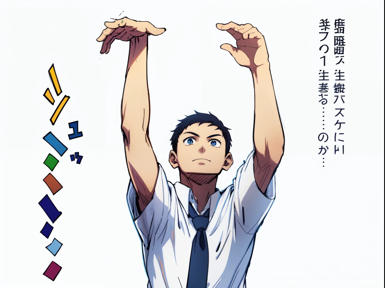 a anime of a young boy, Caesar Cut hair, blue eyes, short hair, black hair color, white shirt, blue tie, text manga, color manga, manga color, color manga, color manga panel, simple background, a white background