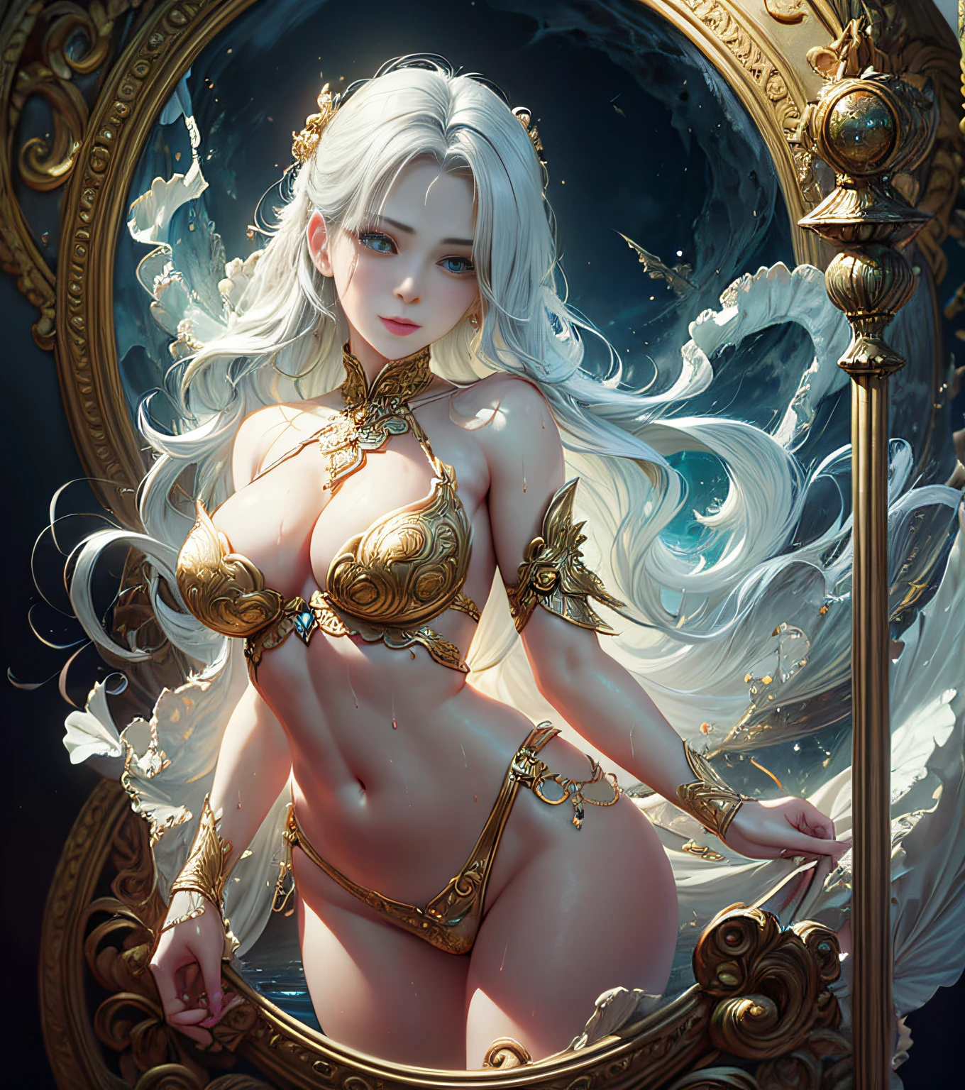 face by tom bagshaw art station,, Moon Goddess, Full Length Figure, Contemptuous Gaze, Detailed Face, (Naked: 1.4), (See-Through Lingerie: 1.3), Gold Decoration, Black Plain Background,beautiful caucasian girl close-up, body in dynamic movement, oil, digital art, splash, full body,art by Sakimichan,oriental mandala tattoo, fractal background, silver and gold and bronze spirit,floating antique clock, lamp ancient, splash,seductive pose, visible pubic hair, breasts visible,full body,beautiful European Caucasian Girl, Beauty, sexy, bare breast, cleavage, bare legs, see-through, standing, hanfu, wet, clear, realistic, highest detail, dragon pattern, phoenix, sacred, holy, golden mountains, heavenly palace, countless palaces, clouds, golden light, golden lotus, (tianchi bath), view of pubic hair,splash, full body,art by Sakimichan,slight smile,plash,seductive pose, visible pubic hair, breasts visible,full body,Transparent clothing, slight smile,Jean-Baptiste Monge style, bright, beautiful , splash, Glittering , cute and adorable, filigree, , rim lighting, lights, extremely , magic, surreal, fantasy, digital art, , wlop, artgerm and james jean,floating antique clock, lamp ancient, splash,floating antique clock,face by tom bagshaw art station,, The perfect masterpiece,Highest quality,Perfect artwork,8K, Upper Body Lens,front portrait,Delicate face,Watching the audience, beautifuGirl,Magical transparent eyes,white hair,Red background, Digital Art,plane illustrations,colorful illustration,minimalist style,anime cartoon style,face by tom bagshaw art station, view of pubic hair,Goddess maiden, gorgeous, splashing, flame, flowing pen and ink,full female body, beautiful caucasian girl close-up, body in dynamic movement,fluid, 3d fractals, light particles, spirit ink, smooth, shimmery, dreamy glow, 16k, sf, complex art masterpiece, Transparent clothing, slight smile,, open legs, view of pubic hair, 1 sexy girl in transparent forest clothes,exposed breasts, open transparent t-shir