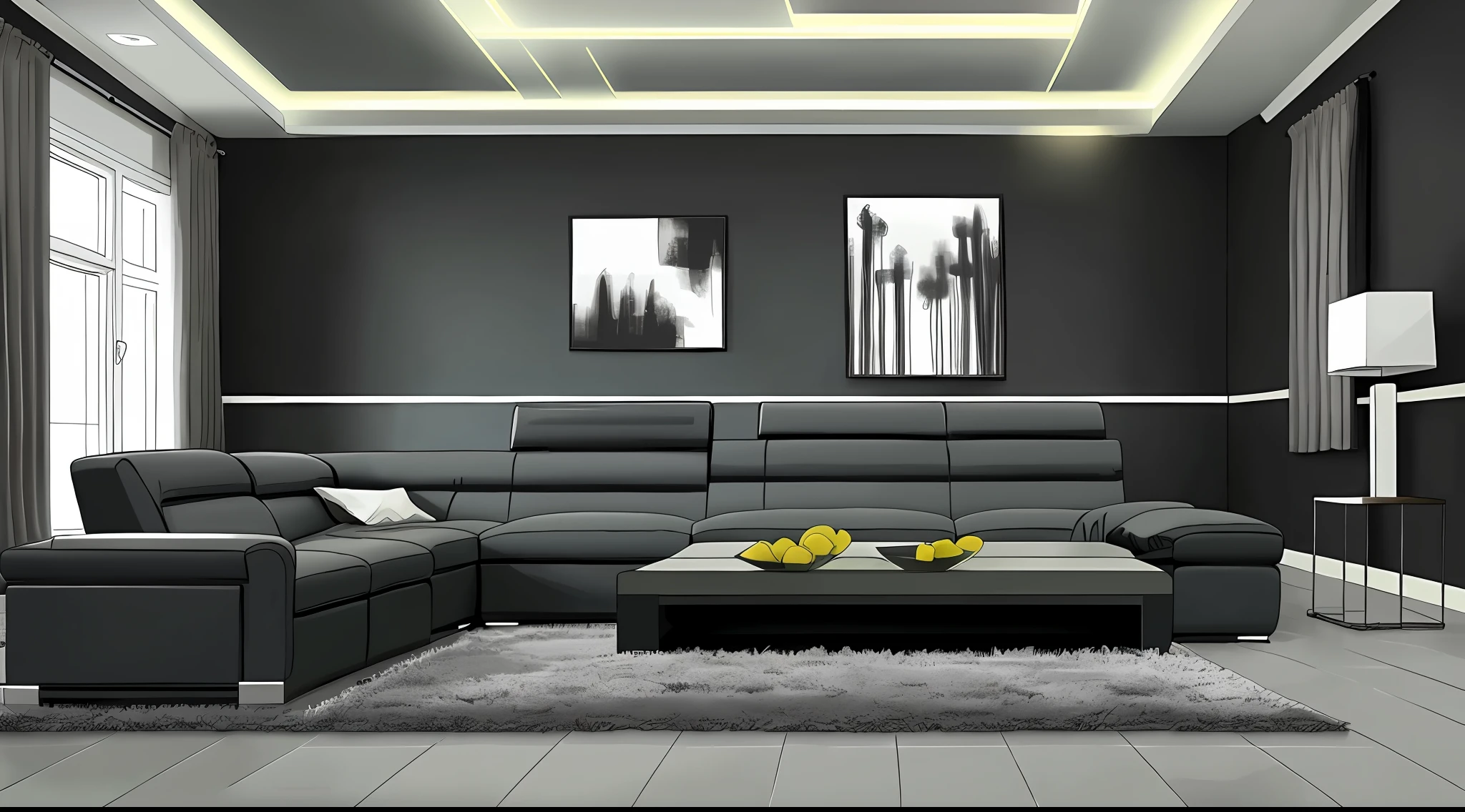 living room interior, Grey floor,Black sofa, 8K, hyper HD, tmasterpiece, highest quality