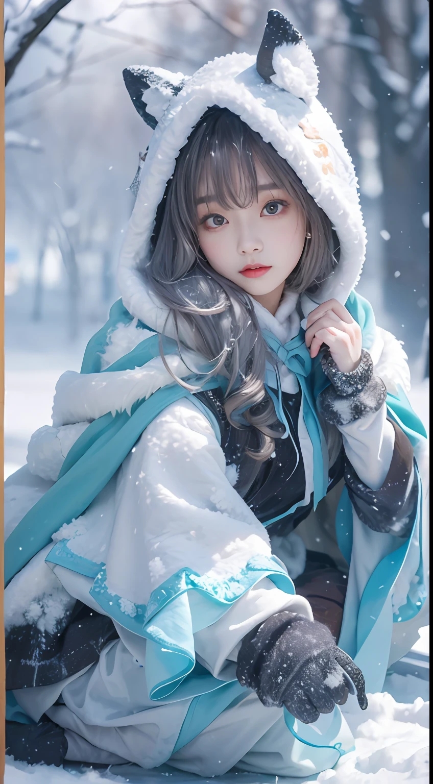 ( (8K:1.27), Best quality at best, tmasterpiece, 超高分辨率:1.2)，1 girl,Turquoise pupils，Clear face， Sitting, Lolita costume，Cloak，(Snow, Outdoor activities in winter:1.2)