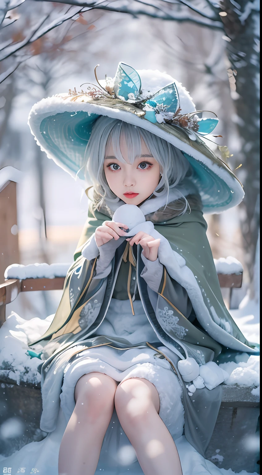 ( (8K:1.27), Best quality at best, tmasterpiece, 超高分辨率:1.2),1 girl,Turquoise pupils,Clear face, Sitting, ta costume,Cloak,(Snow, Outdoor activities in winter:1.2)