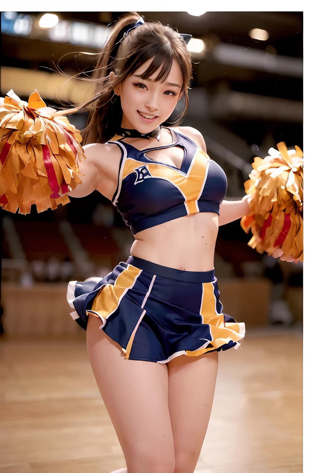 ((top-quality、8K、photographrealistic:1.4、masterpiece))、Back lighting、highly detailed facial textures women、18year old、(((Bull Cheerleader:1.2)))、((Full body photo、one leg up))、super-detaild skin、beautiful make up、A detailed eye、A smile、open open mouth、Glossy brown messy short hairstyle、I see underwear