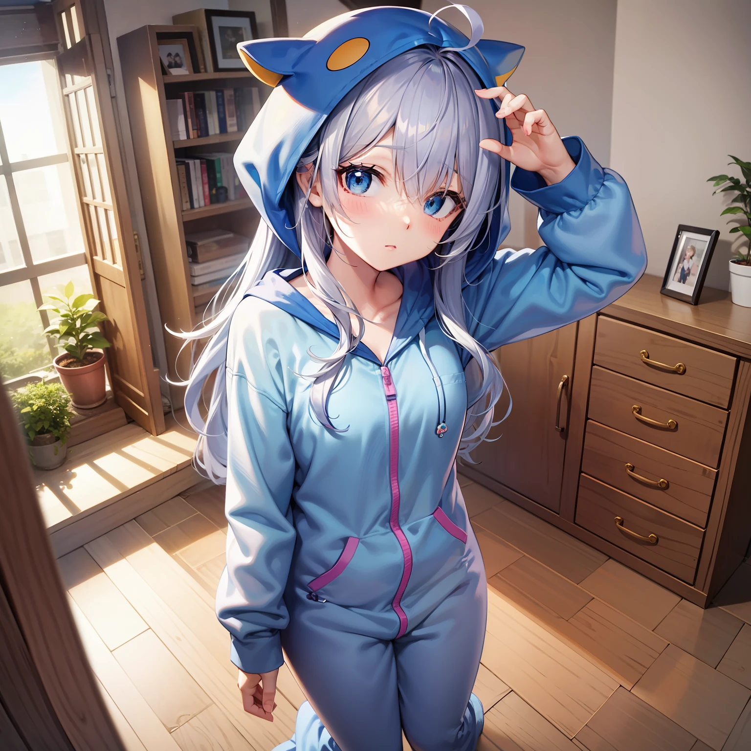 Anime style、女の子1人、full body Esbian、expressionless face、{hairstyle on:(one eye covered),(Cover your right eye),(blue hairs)、(Longhaire),(Ahoge),Hair is a terrible sleeper,Unkempt hair}、Penguin Kigurumi、s Pajamas、blue eyess、Background with:Bedroom、facing front、to stand、