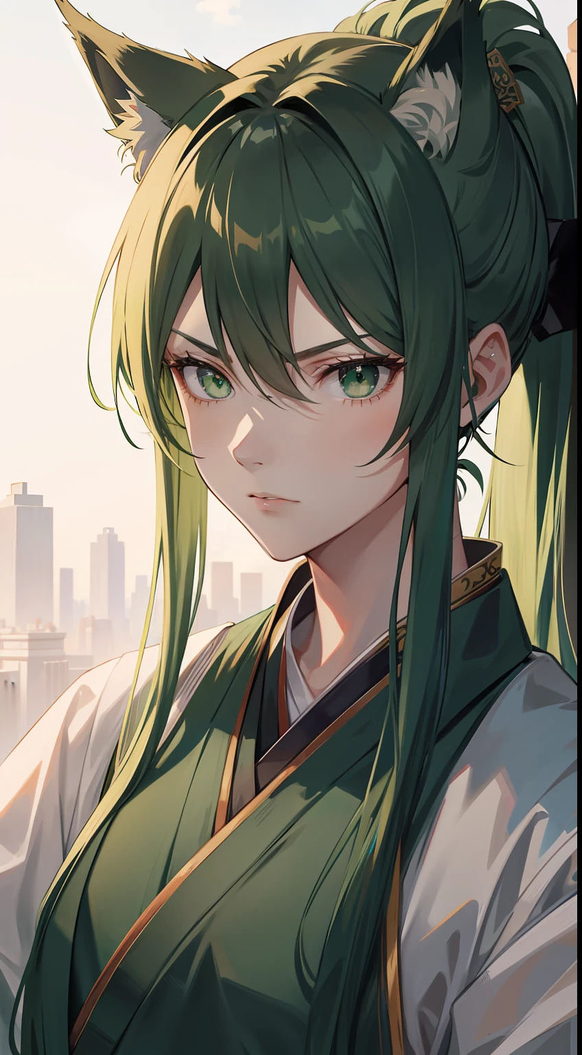 Tall guy, long green hair,high ponytail, Green eyes, wolf ears, Hanfu, a sword, A serious look, Masterpiece, hiquality