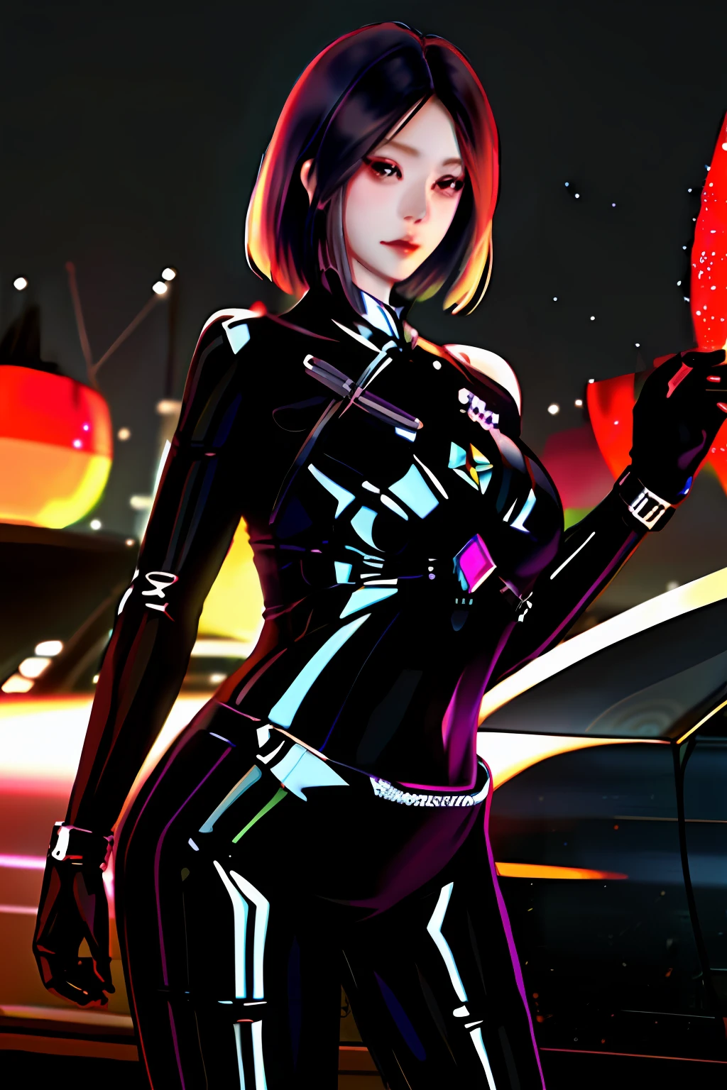 sexy sci-fi car giant hip melon face chinese-style android no. 18 Bare breasts, Bare waist, nacked hip, Black silk realistic life-life full body photo