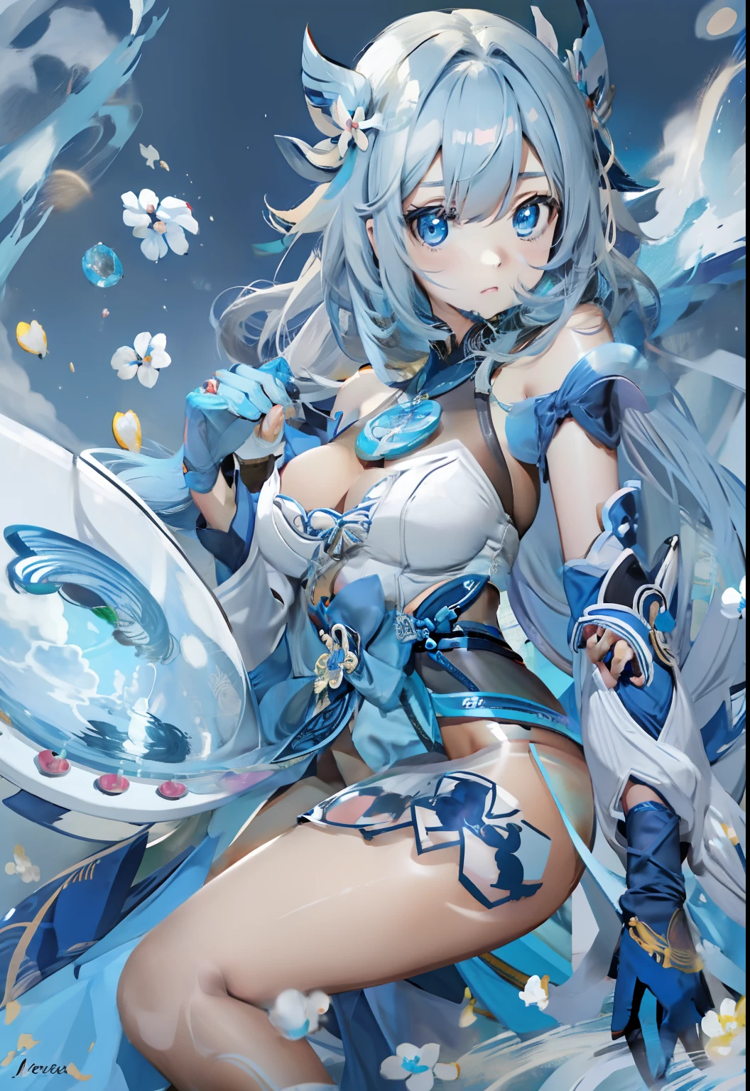 anime com cabelo curto azul e vestido azul segurando uma espada, armadura de cristal de gelo, pale blue armor, pele cristalina, Genshin, pele azul congelante, arte chave detalhada do anime, Personagem Genshin Impact, Eula de Genshin Impact, armadura azul, em armadura de opala, Meninamadura, com pose sexy, texturas ultra detalhadas