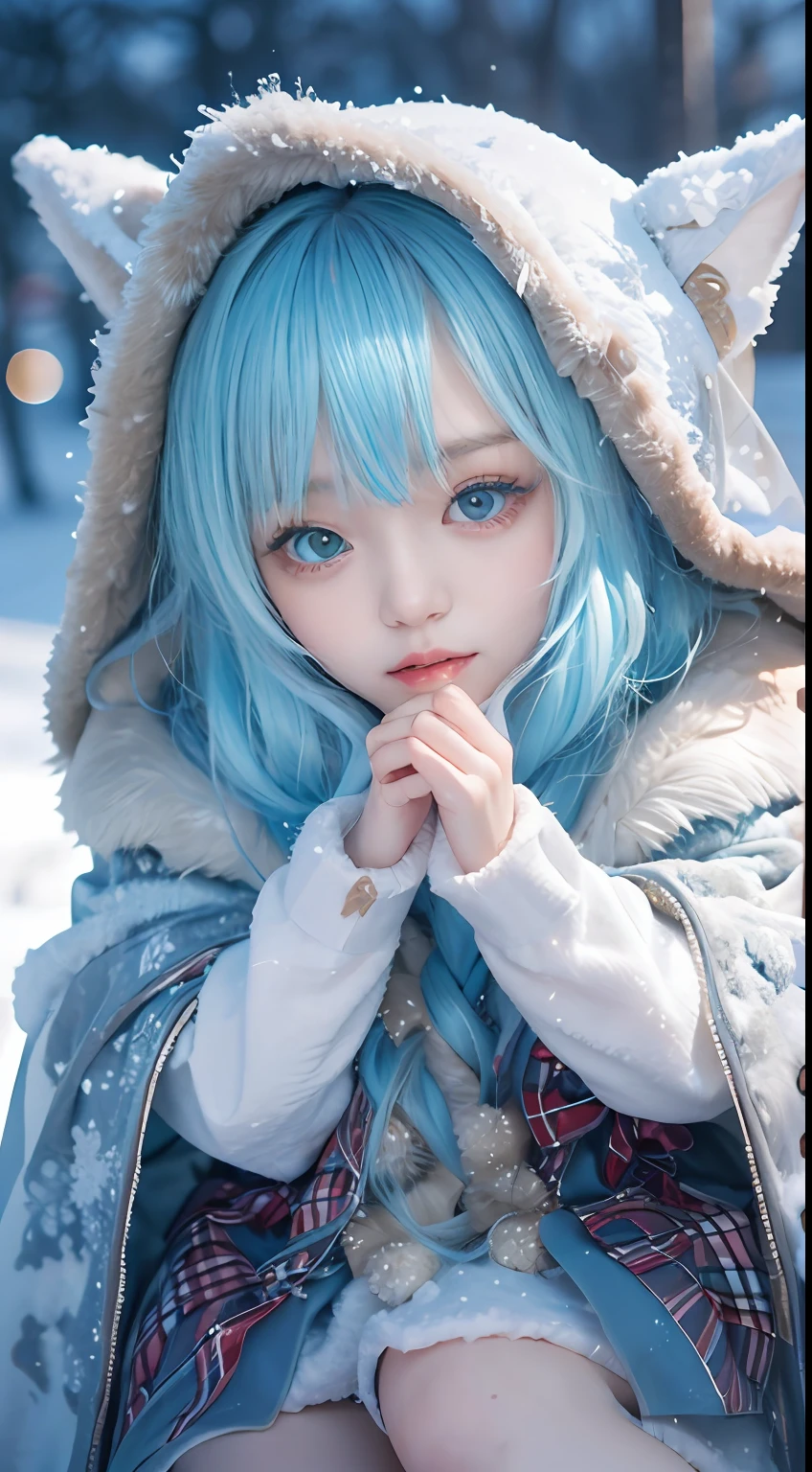 ( (8K:1.27), Best quality at best, tmasterpiece, 超高分辨率:1.2)，1 girl,Turquoise pupils，Clear face， Sitting, Beautiful lolita costume，Cloak，(Snow, Outdoor activities in winter:1.2)