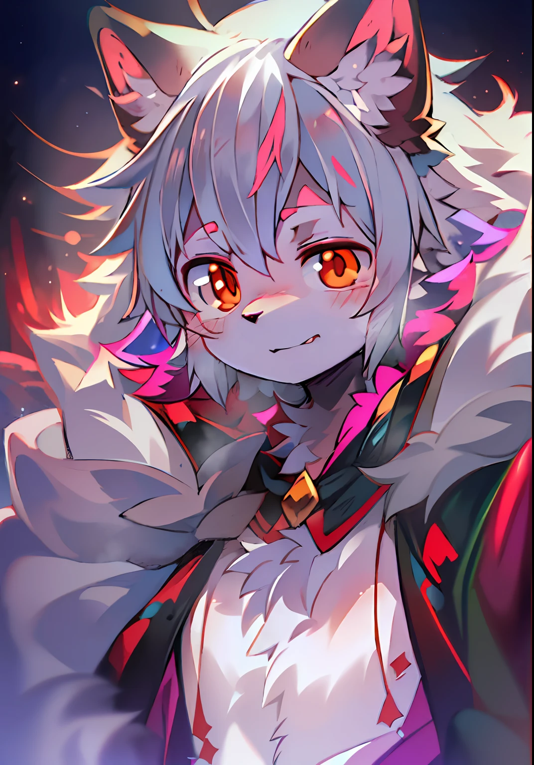 (ambiente dark:0.8),masterpiece,high quality,abstract res,digital painting\(artwork\), by dagasi, yupa,kiyosan,(anthro,fluffy fur,character focus:1.1),anthro male cat,short hair,portrait , eyes with brightness, in a panoramic view, (detailedbackground:0.7), 独奏, shaggy, shaggy male, anthr,(Full Body Furry, Fluffy tail, White fur, red color eyes, Gray hair:1.2), (long canines、Vampires、cloaks:1.2),(interiors、the night、borgar、casket:1.1),background focus,themoon,Black night,Fortress of fantasy