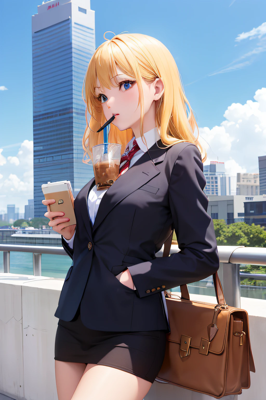 Girl drinking milk tea. blond hair. business clothes. skyscraper. blue sky. beautiful, attracting all eyes, the mobile phone is open in crypto