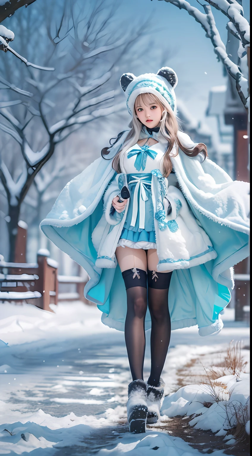 ( (8K:1.27), Best quality at best, tmasterpiece, 超高分辨率:1.2)，1 girl,Turquoise pupils，Clear face， Sitting, Beautiful lolita costume，Cloak，(Snow, Outdoor activities in winter:1.2)