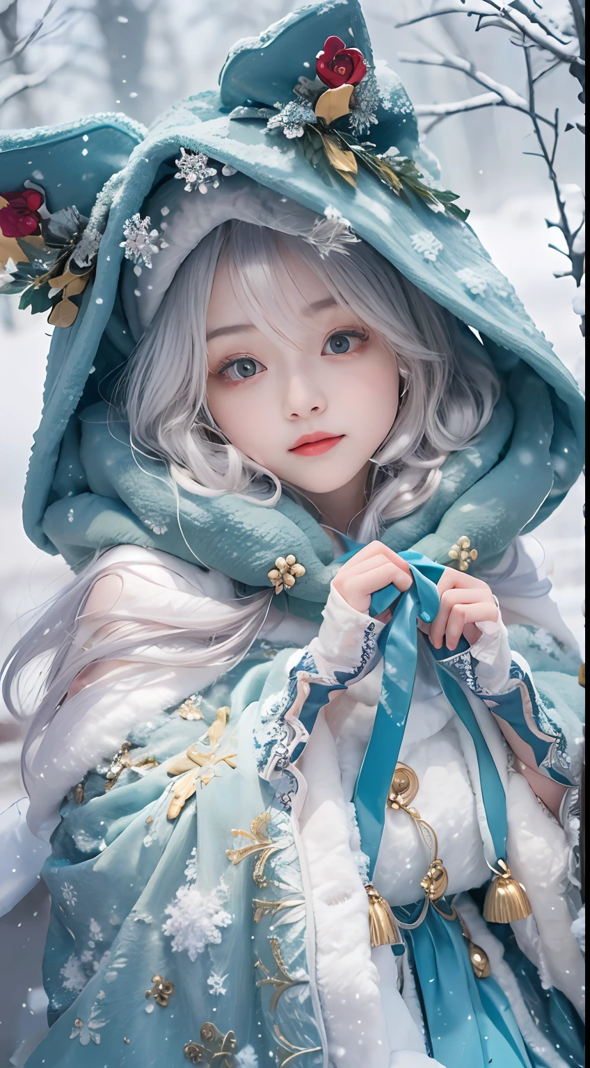 ( (8K:1.27), Best quality at best, tmasterpiece, 超高分辨率:1.2)，1 girl,Turquoise pupils，Clear face， Sitting, Beautiful lolita costume，Cloak，(Snow, Outdoor activities in winter:1.2)