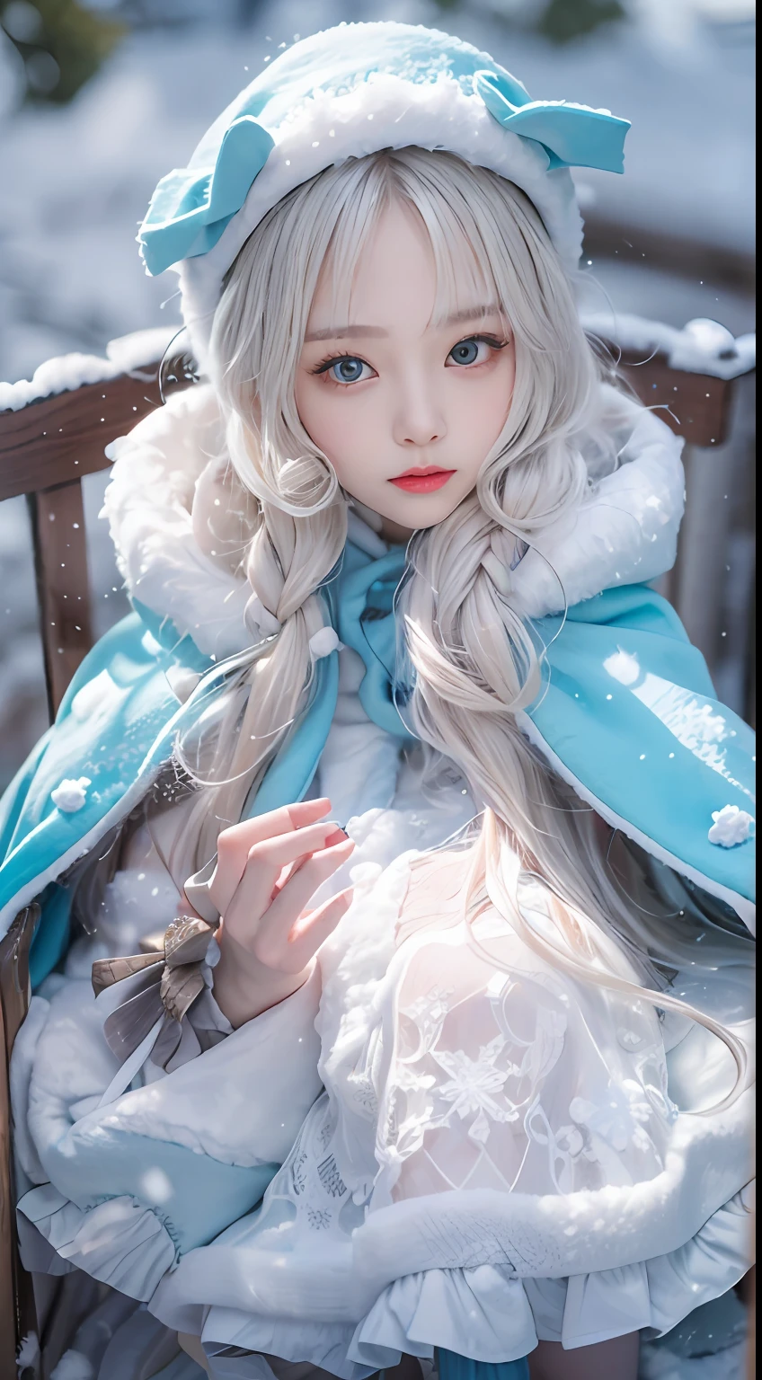 ( (8K:1.27), Best quality at best, tmasterpiece, 超高分辨率:1.2),1 girl,Turquoise pupils,Clear face, Sitting, Beautiful ta costume,Cloak,(Snow, Outdoor activities in winter:1.2)