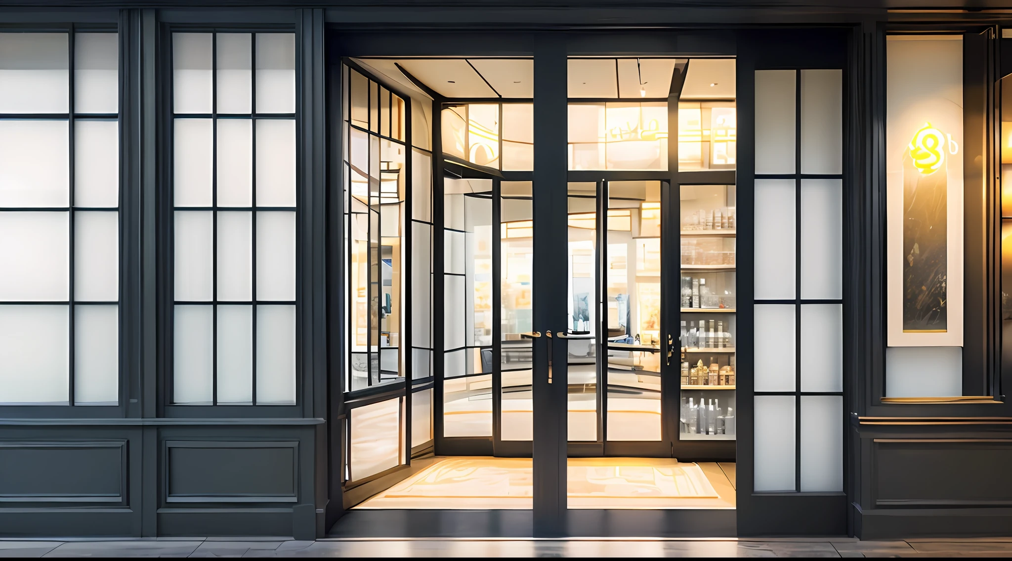 3d rendering vintage、cozy indoor lighting、artstation、ultra - detailed、cinematic ligh、hyper realisitc、A realistic cosmetic storefront，The glass door is closed，The windows are visible on both sides by floor-to-ceiling windows with clear glass，Decorated with artwork，Cosmetics are placed in the windows，3DMDT1