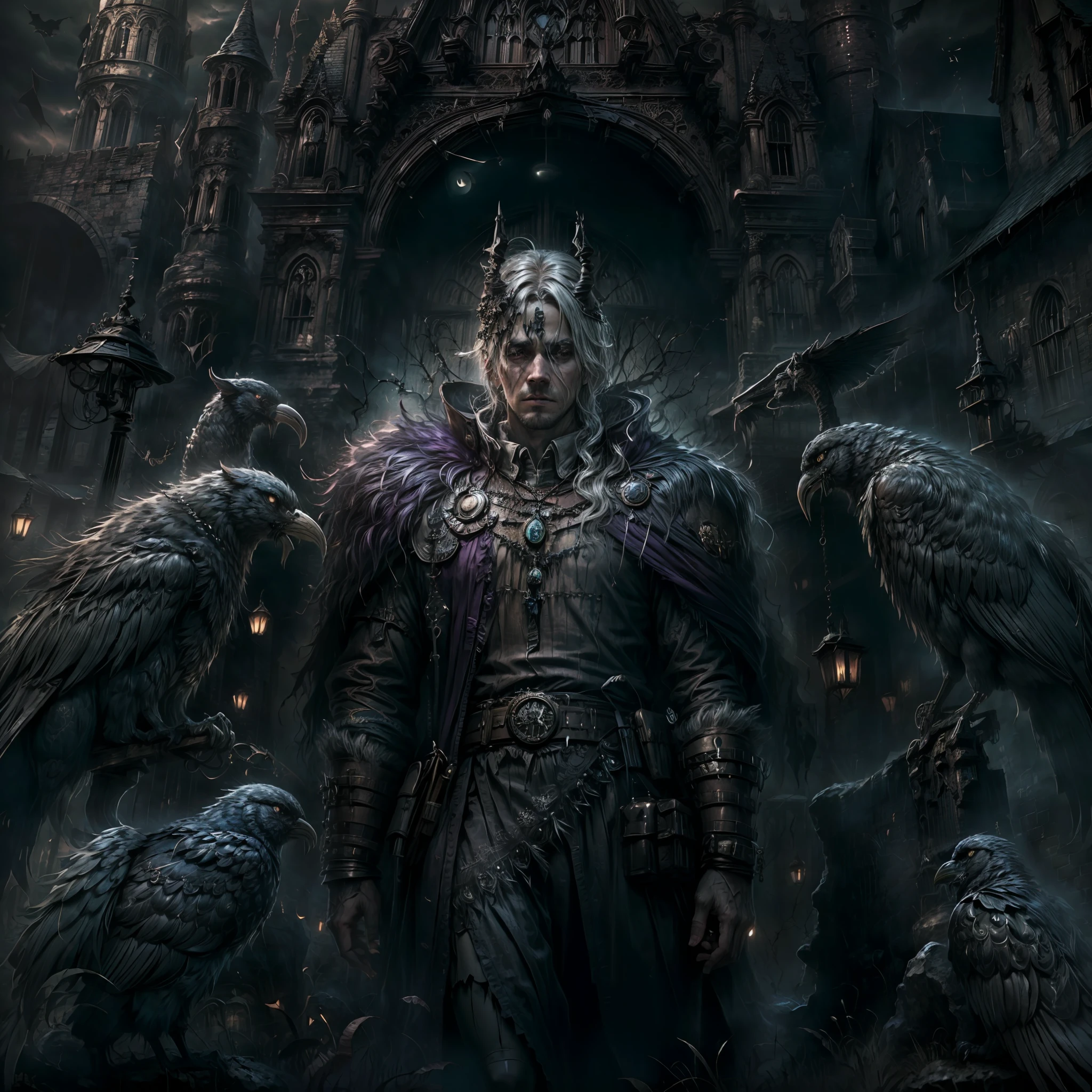 Big Dark age castle, gothic style, dark night, crescent moon, dark theme, ravens, Gotham city castle,BREAK,Detailed,Realistic,4k highly detailed digital art,octane render, bioluminescent, BREAK 8K resolution concept art, realism,by Mappa studios,masterpiece,best quality,official art,illustration,ligne claire,(dark_color),perfect composition,absurdres, fantasy,focused,rule of third