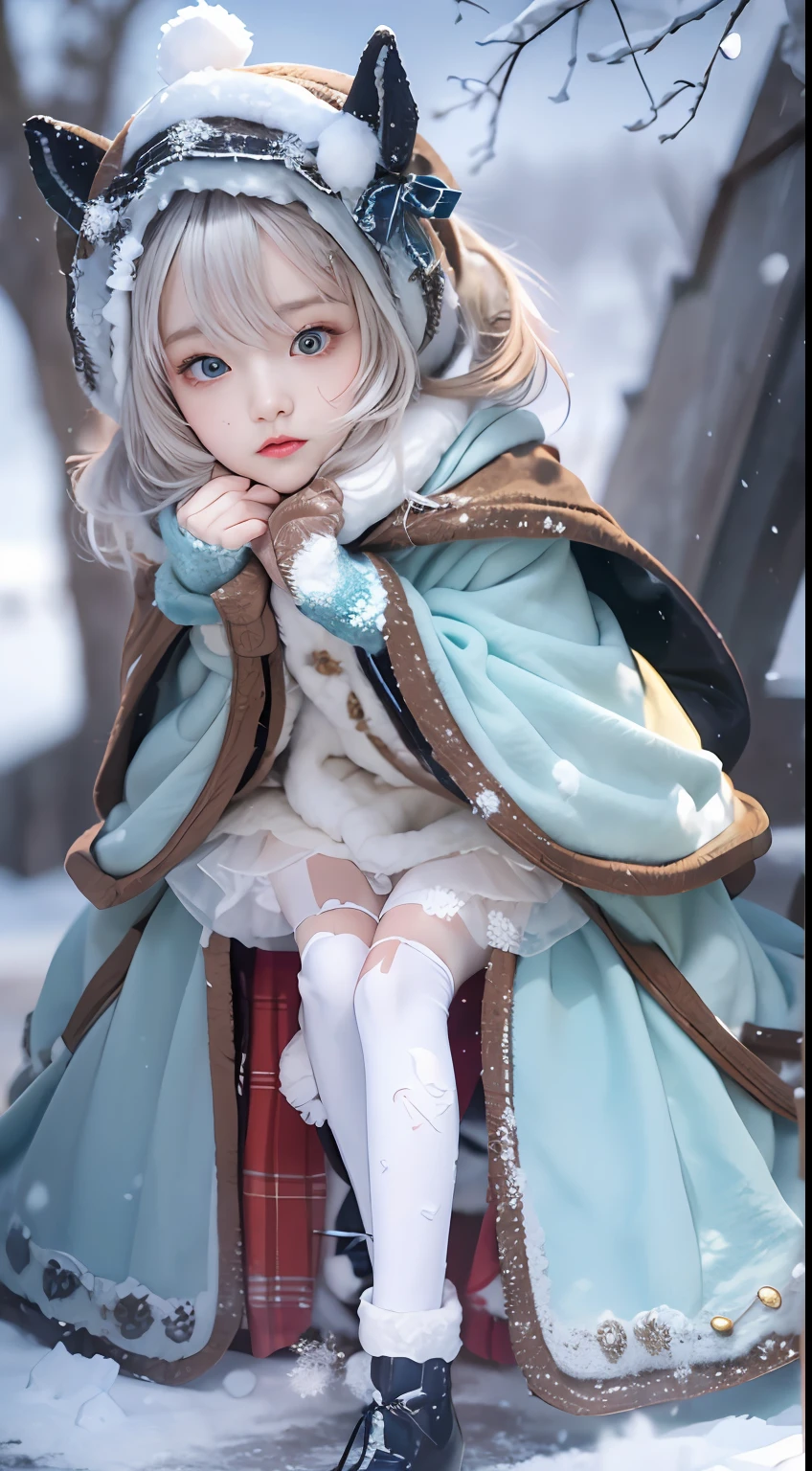 ( (8K:1.27), Best quality at best, tmasterpiece, 超高分辨率:1.2),1 girl,Turquoise pupils,Clear face, Sitting, Beautiful ta costume,Cloak,(Snow, Outdoor activities in winter:1.2)