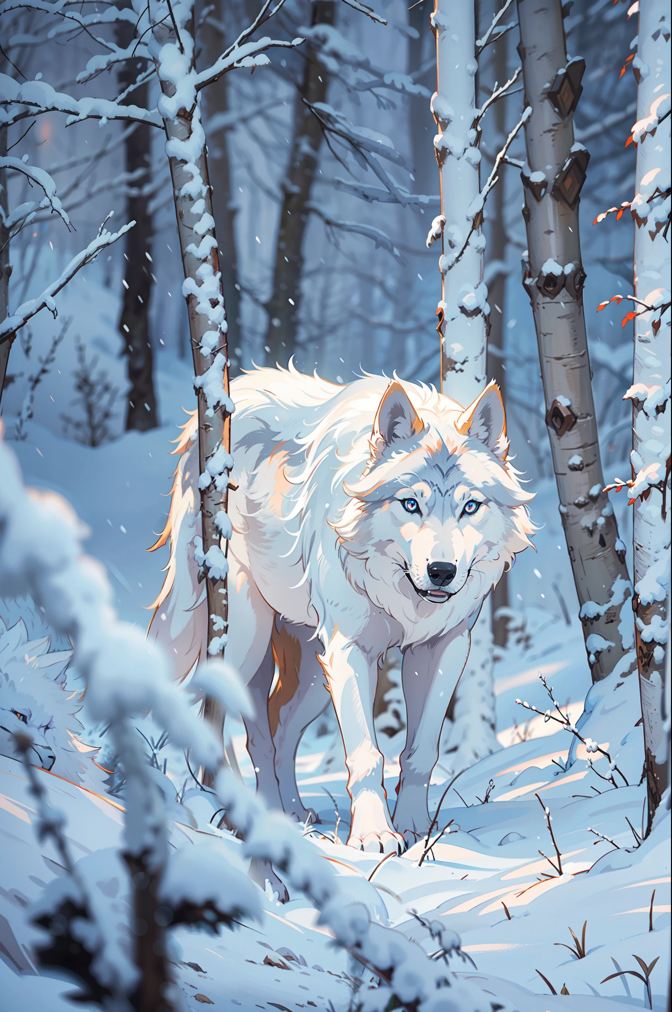 winter wolf, piercing blue eyes, white fur, Setting is a Scandinavian forest in winter, snow, Highly detailed, (bulky:1.2), strong, big, looking at viewer