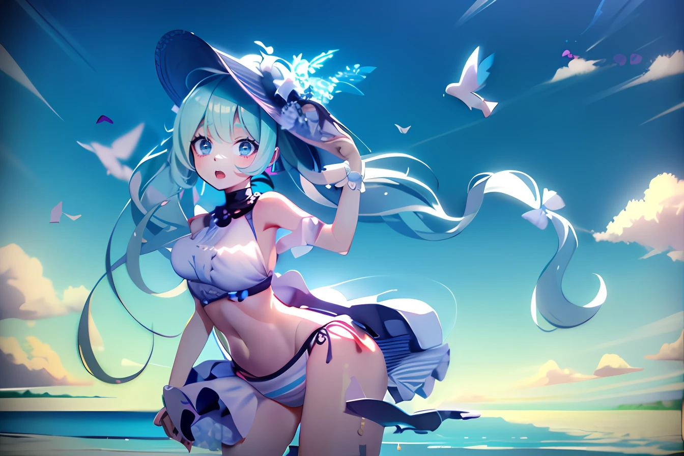 Make a beautiful photo of the idol hatsune miku, she wearing a bikini, umbigo exposto, barriga exposta, coxas sensuais, seios grandes, wearing a hat, fundo em uma praia.