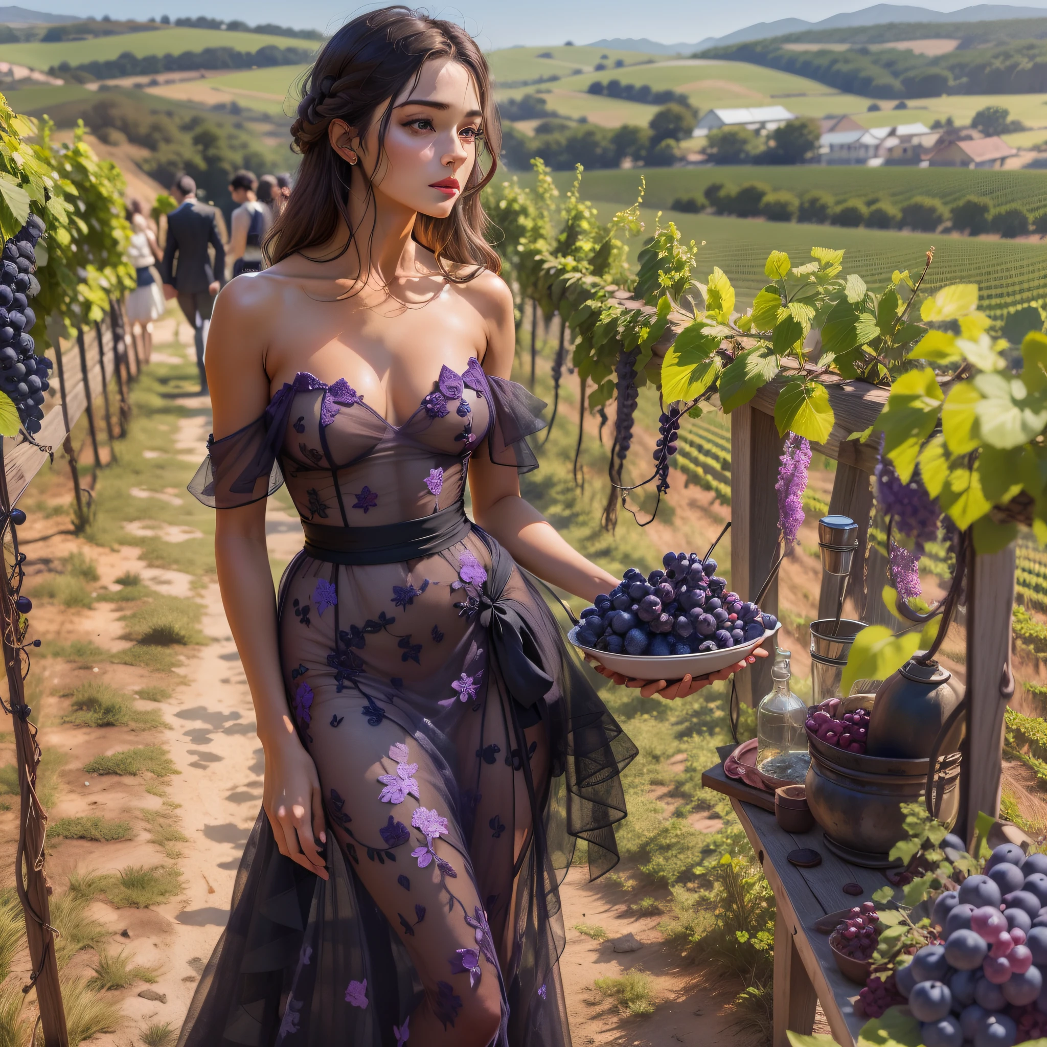 Join a glamorous soiree on a vineyard terrace, onde uma mulher elegantemente vestida com roupas inspiradas em uvas se mistura com os convidados. Os ricos tons de roxo e verde das uvas e folhas de videira contribuem para a atmosfera sofisticada.