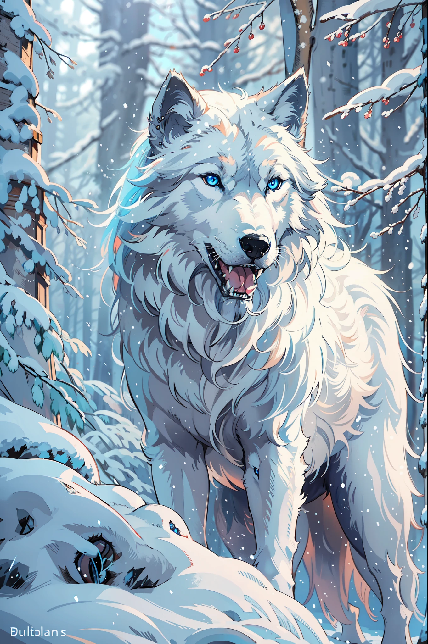 winter wolf, piercing blue eyes, white fur, Setting is a Scandinavian forest in winter, snow, Highly detailed, (bulky:1.2), strong, big, looking at viewer