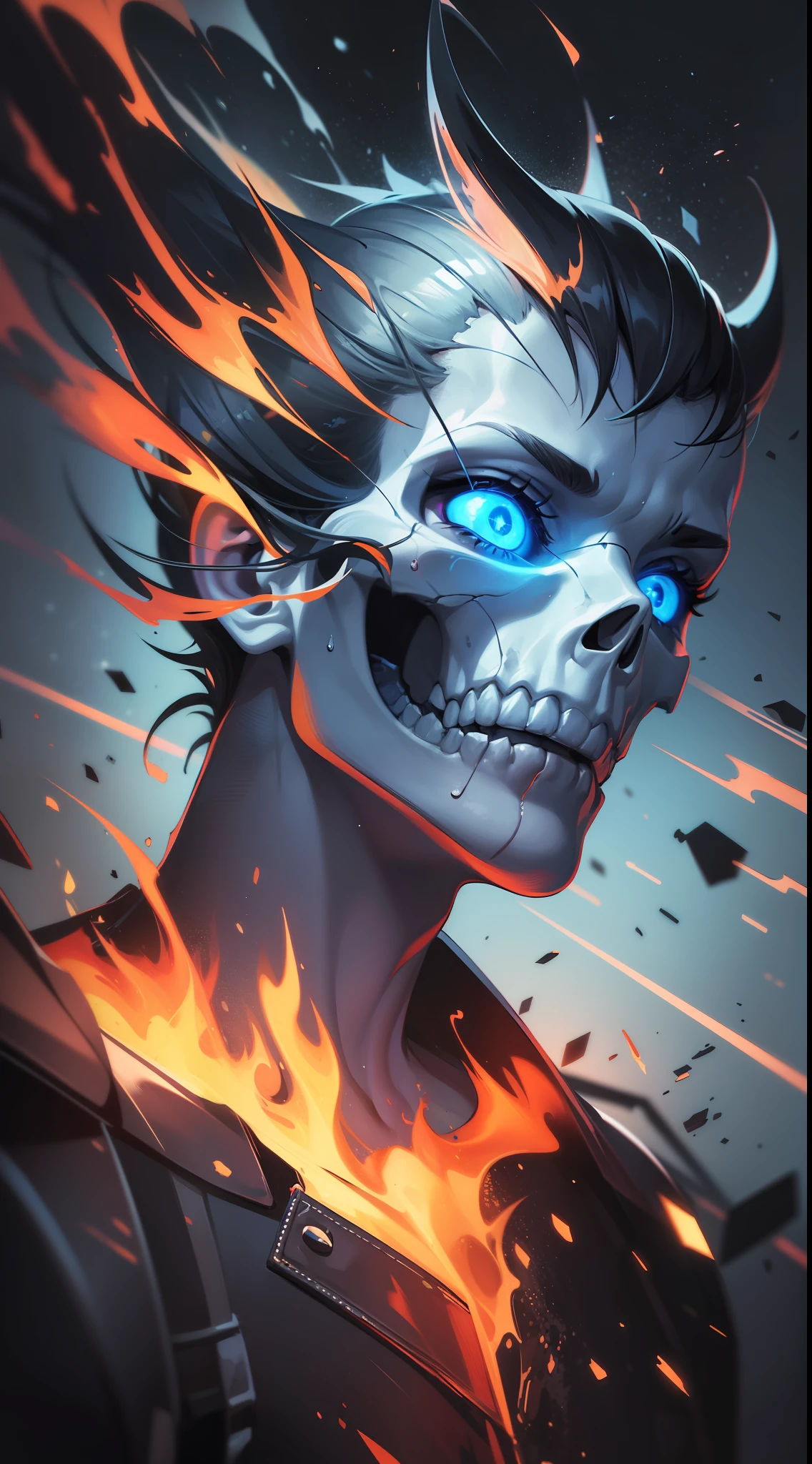 Obra prima, melhor qualidade, art-station, 1 Skull on Fire, ultra realistic, black background, galaxy, infinite blue eyes, 8k, realism, glowing, iridecent, hyper - detailed vibrant cinematic, ambient occlusion, chromatic aberration