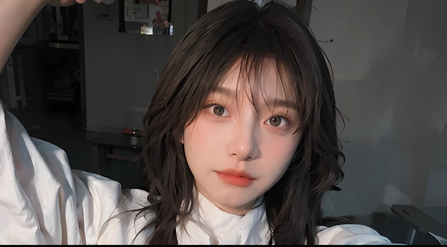 white background，Best quality,Masterpiece,超高分辨率,(Photorealistic:1.4),RAW photo,(Authentic skin texture:1.3),photography lighting，rim-light，,(filmgrain:1.3),(Selfie angle),1girll,Solo,Beautiful detailed eyes and face,Masterpiece,Best quality,Close-up，The upper part of the body,high-necksweater，，white backgrounid，，super wide shot