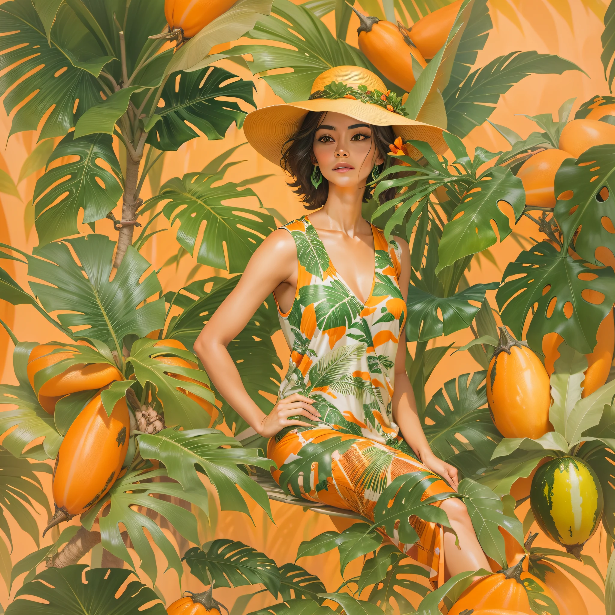 Escape to a tropical paradise with a woman dressed in papaya-colored clothes, surrounded by lush papaya trees and exotic flora. This retreat captures the beauty and warmth of the tropical essence of papaya.