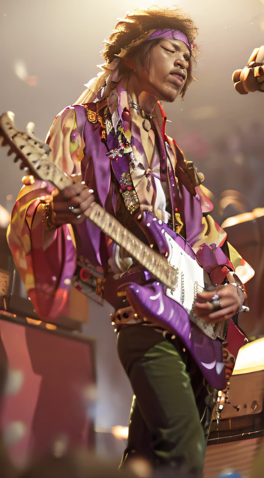 top-quality。Male guitarist。(Photorealistic images by Woodstock:1.4)。Sow bandana on long hair、６０Play chronological music。Flutter and wear waistcoat and costume、Playing guitar with a big amp in the background。Black but white、There is a technique to easily silence。Purple haze!Stratocaster Guitar、Color is white。Marshall's Amp 100ｗUsing、Ring in full up。livestream, Poured gasoline on the guitar.、Set fire and burn、Eccentric to break at the end。６０Although the times and eras are old、Live action。Oira　Jimi Hendrix！Dacchi!