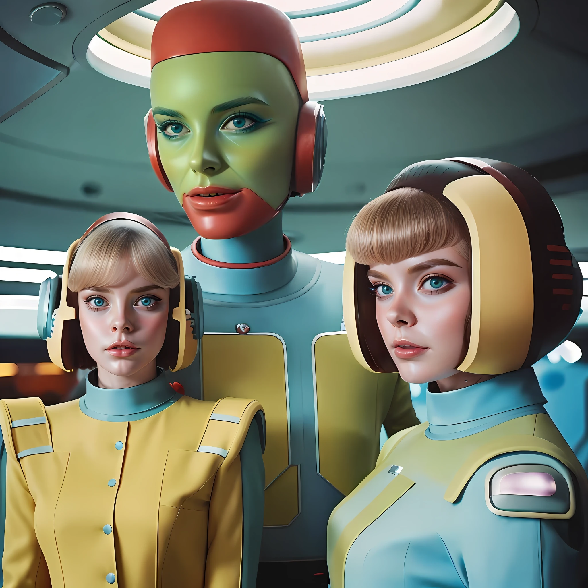 There are three women in futuristic costumes next to each other, 7 0's vintage sci - estilo fi, retro futuristic style, Retro Futuristic Fashion, Retro Sci - Imagem de FI, 5 0's vintage sci - estilo fi, futuristic retro, Elle Fanning como um androide, retro-futurista, retro - futuristic, 1 9 5 0 Futuristas, Beautiful Sci - Fi twins