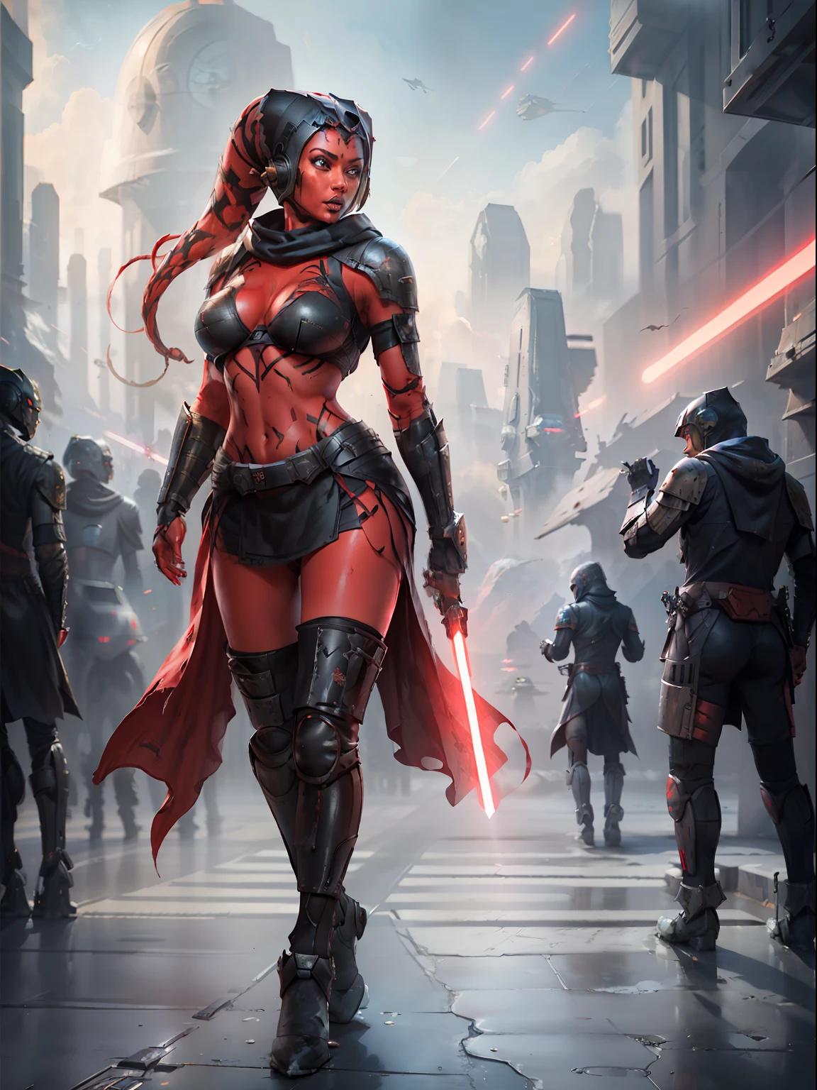 armor, busty, ((red skin), twi'lek), Sith Warrior, dual red lightsabers, evil space knight, space ninja, (wearing black stealth armor, breastplate, tunic, tabard, cowl, cloak, body glove, straps, buckles, long skirts, long sleeves, ((armor))), ((busty), slender body, thin, athletic, long legs, toned legs, Imperial warship, Star Wars,