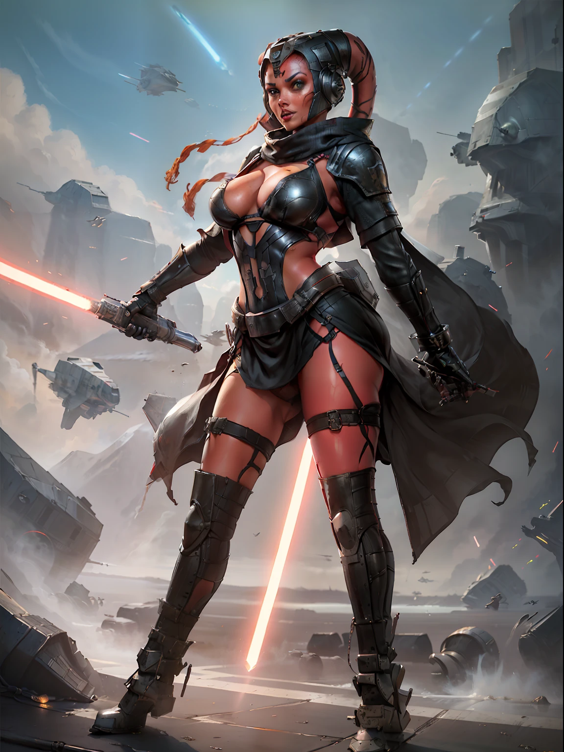 armor, busty, ((red skin), twi'lek), Sith Warrior, dual red lightsabers, evil space knight, space ninja, (wearing black stealth armor, breastplate, tunic, tabard, cowl, cloak, body glove, straps, buckles, long skirts, long sleeves, ((armor))), ((busty), slender body, thin, athletic, long legs, toned legs, Imperial warship, Star Wars,