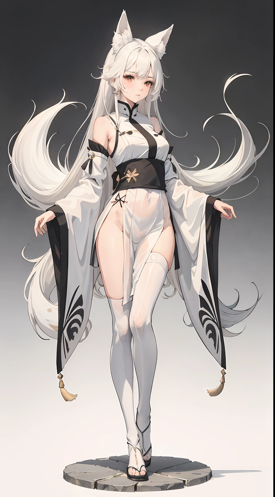 1girll, Full body like,White hair, long whitr hair,Messy hair,Translucent clothes,NSFW,White fox ears,White fox tail,比基尼,folds,folds,folds